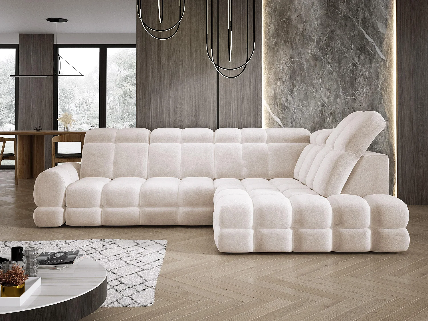 Canapé d'angle Tollo Crème tissu Salvador côté droit 302x217x105 cm, forme L, convertible, coffre 120x85x17 cm, réglage électrique