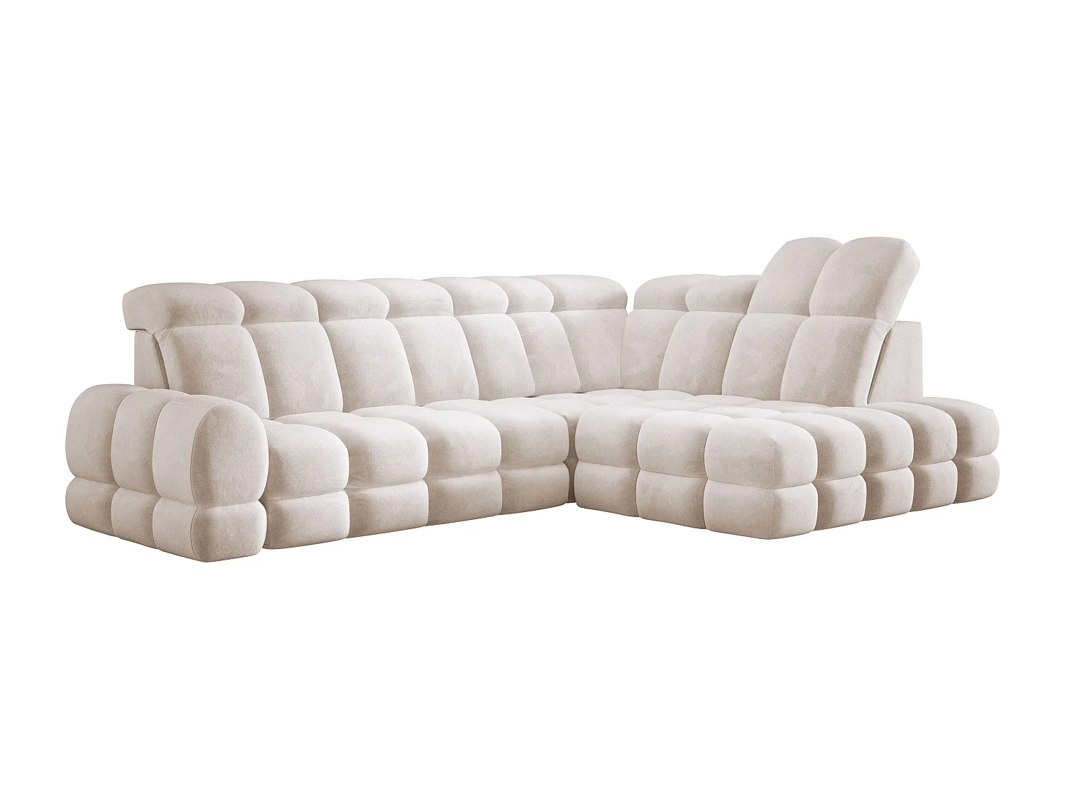 Canapé d'angle Tollo Crème tissu Salvador côté droit 302x217x105 cm, forme L, convertible, coffre 120x85x17 cm, réglage électrique