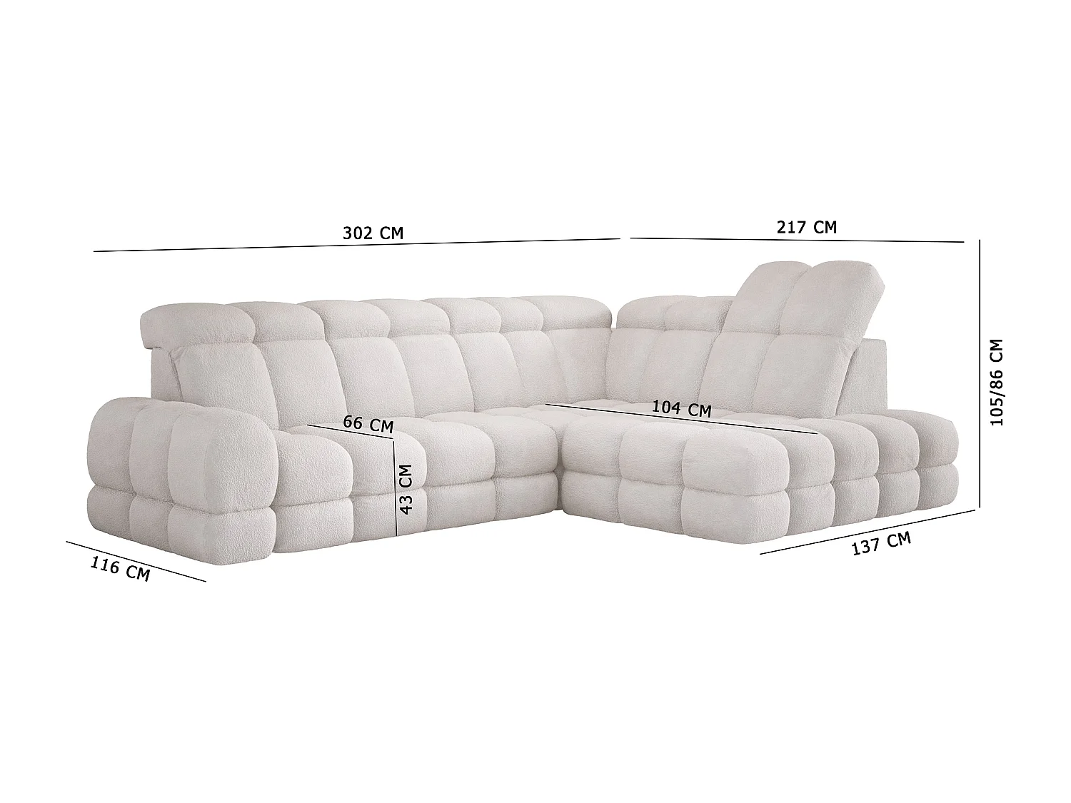 Canapé d'angle Tollo Crème tissu Salvador côté droit 302x217x105 cm, forme L, convertible, coffre 120x85x17 cm, réglage électrique