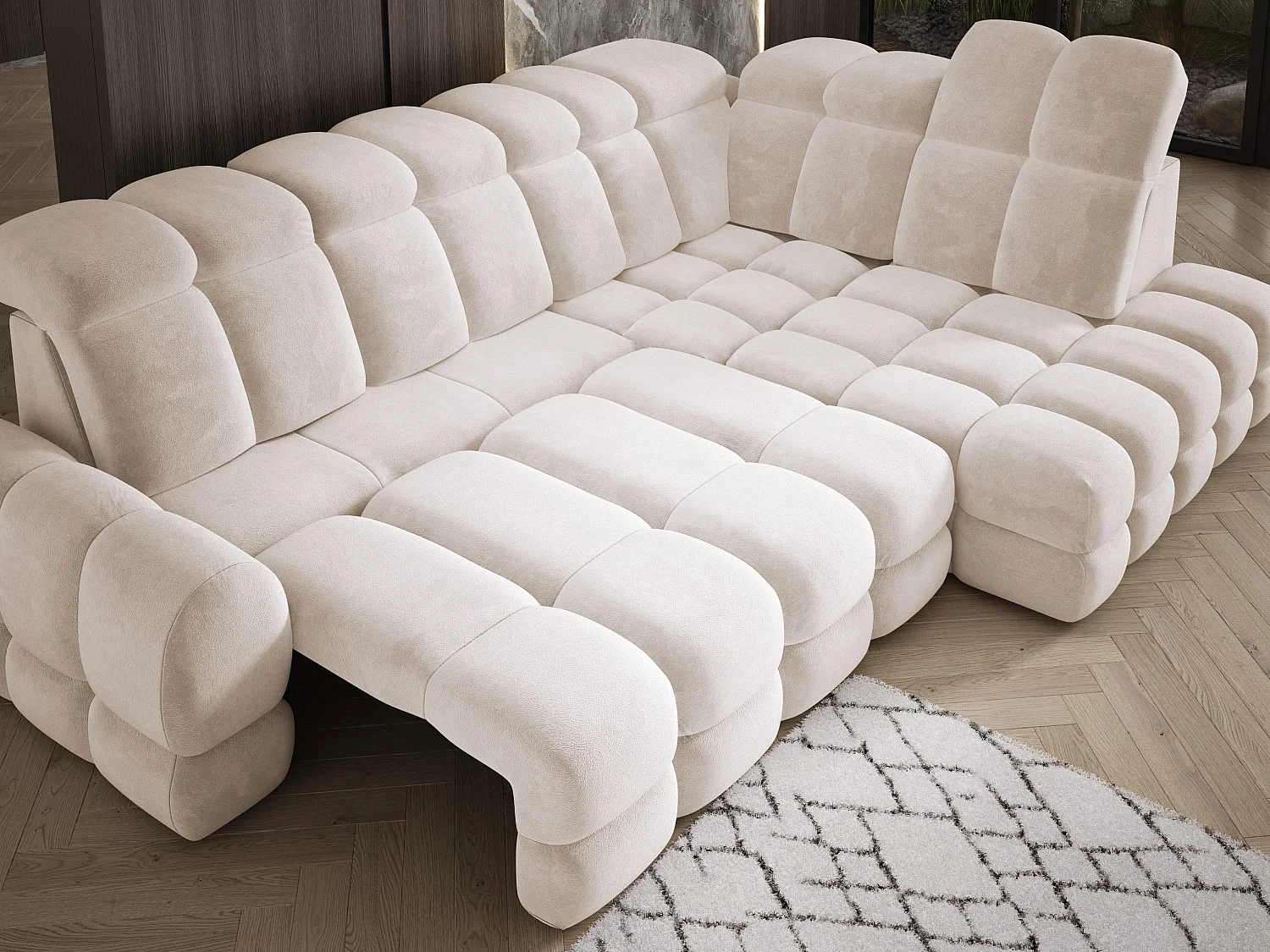 Canapé d'angle Tollo Crème tissu Salvador côté droit 302x217x105 cm, forme L, convertible, coffre 120x85x17 cm, réglage électrique