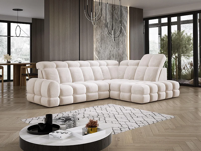 Ecksofa Tollo Creme Salvador-Stoff rechts 302x217x105 cm, L-Form, Schlaffunktion, Bettkasten 120x85x17 cm, elektrisch verstellbar