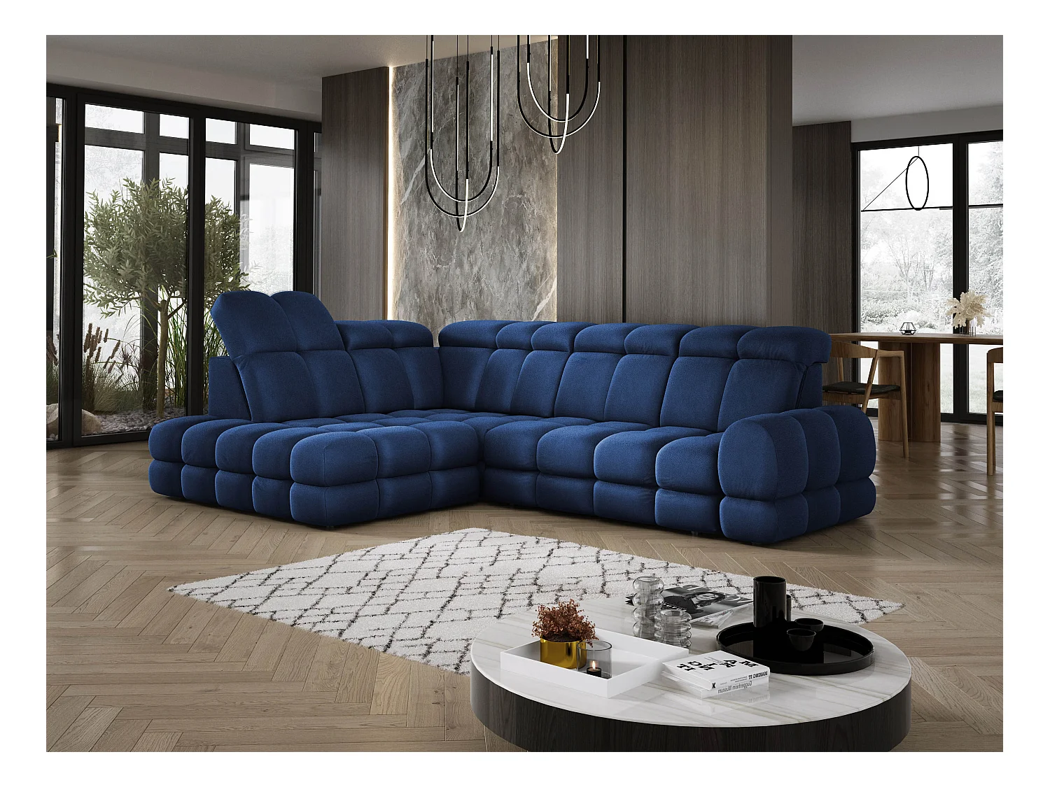 Canapé d'angle Tollo Bleu tissu Solar côté gauche 302x217x105 cm, forme L, convertible, coffre 120x85x17 cm, réglage électrique