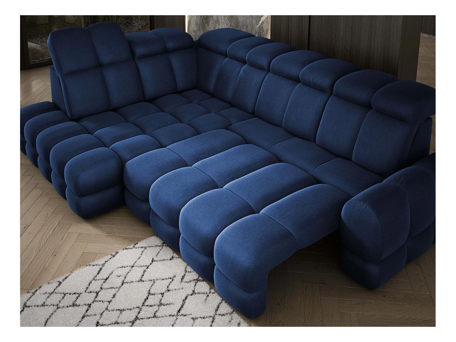 Canapé d'angle Tollo Bleu tissu Solar côté gauche 302x217x105 cm, forme L, convertible, coffre 120x85x17 cm, réglage électrique