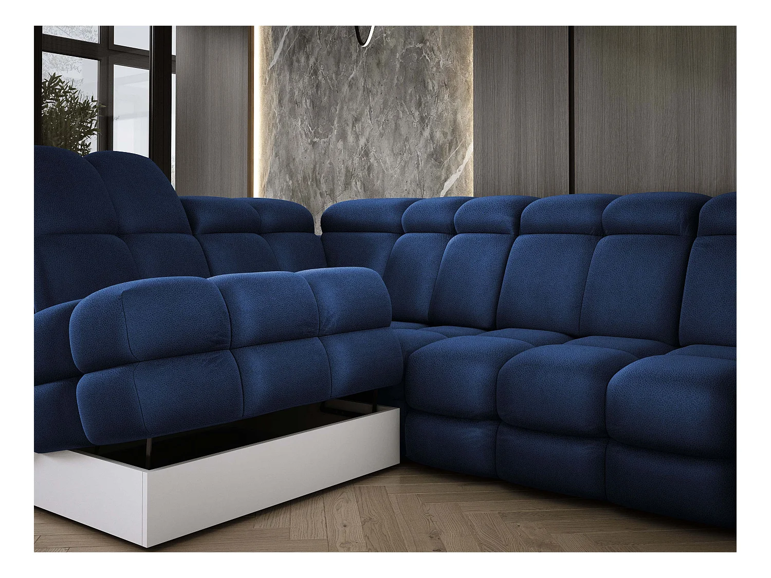 Canapé d'angle Tollo Bleu tissu Solar côté gauche 302x217x105 cm, forme L, convertible, coffre 120x85x17 cm, réglage électrique