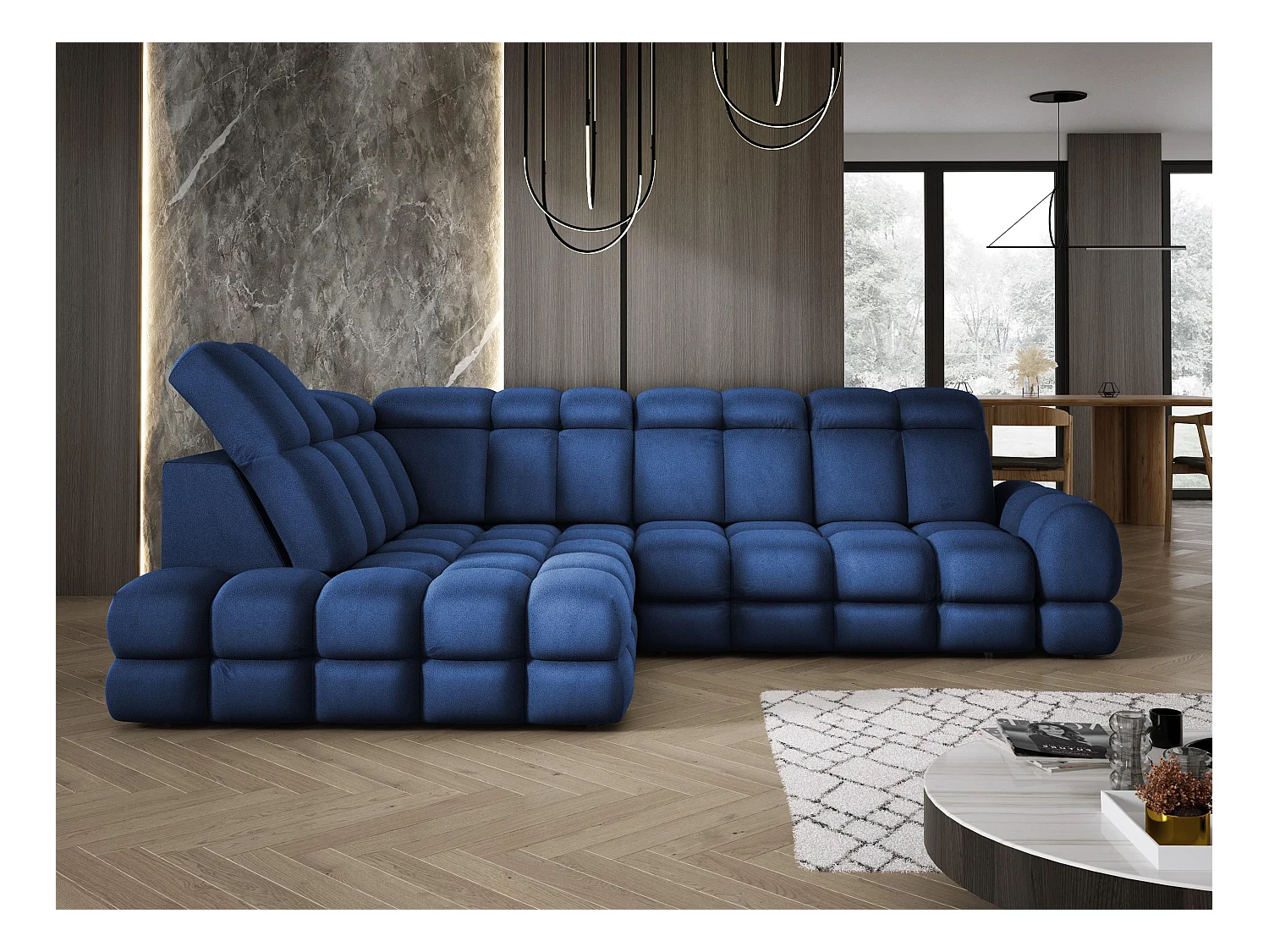 Canapé d'angle Tollo Bleu tissu Solar côté gauche 302x217x105 cm, forme L, convertible, coffre 120x85x17 cm, réglage électrique