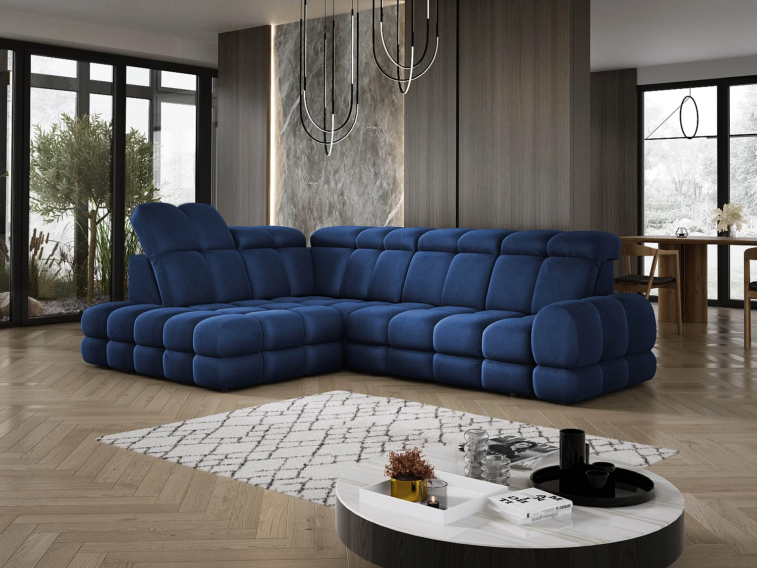 Ecksofa Tollo Blau Solar-Stoff links 302x217x105 cm, L-Form, Schlaffunktion, Bettkasten 120x85x17 cm, elektrisch verstellbar