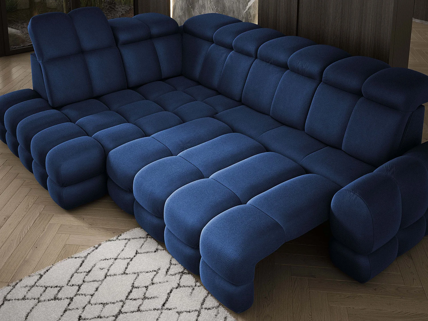Ecksofa Tollo Blau Solar-Stoff links 302x217x105 cm, L-Form, Schlaffunktion, Bettkasten 120x85x17 cm, elektrisch verstellbar