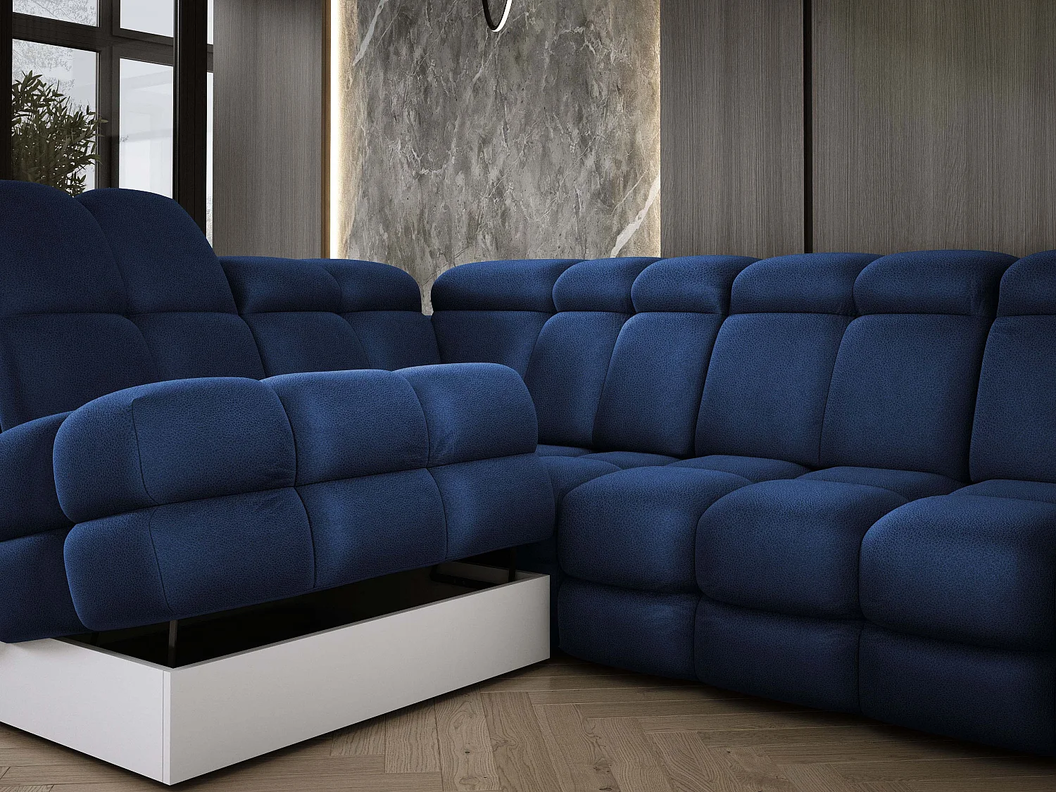 Ecksofa Tollo Blau Solar-Stoff links 302x217x105 cm, L-Form, Schlaffunktion, Bettkasten 120x85x17 cm, elektrisch verstellbar