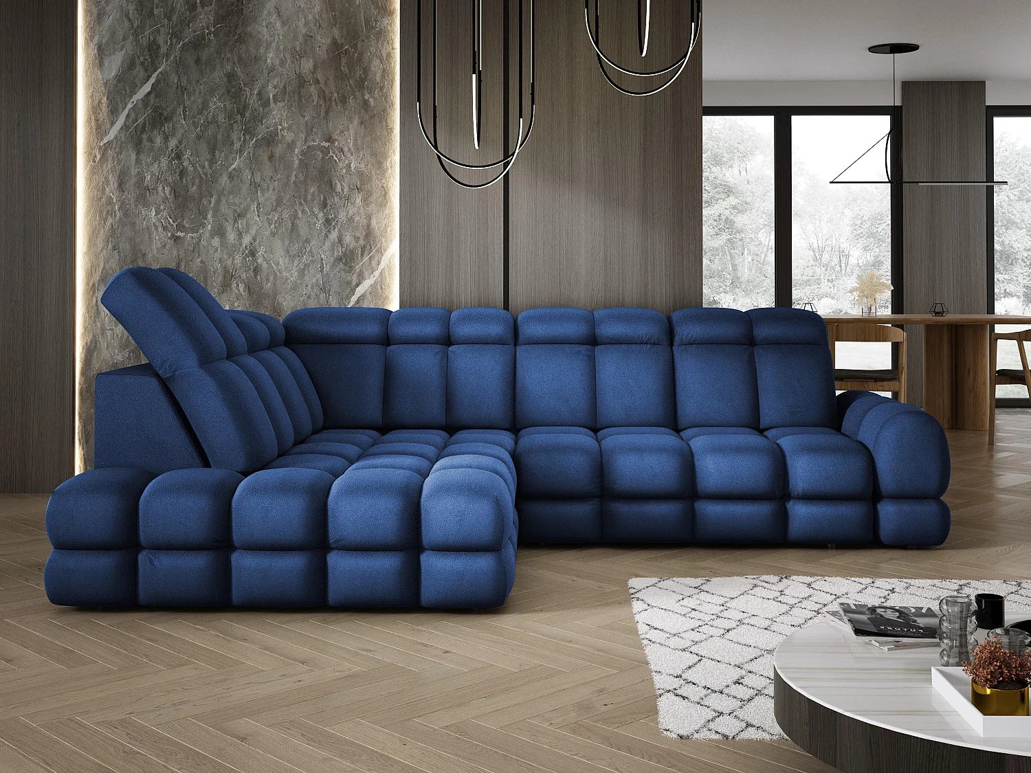 Ecksofa Tollo Blau Solar-Stoff links 302x217x105 cm, L-Form, Schlaffunktion, Bettkasten 120x85x17 cm, elektrisch verstellbar