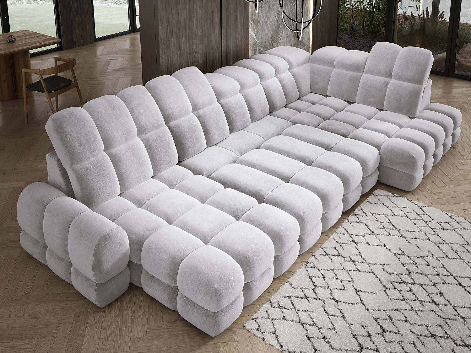 Canapé d’angle Tollo Argent tissu Salvador côté droit 400x217x105 cm, U-Form avec couchage, coffre 120x85x17 cm, réglable électriquement