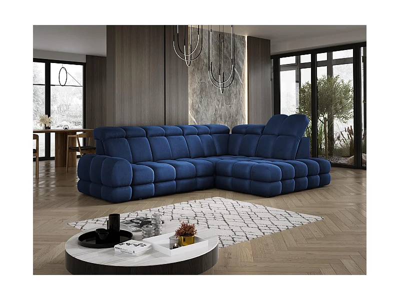 Ecksofa Tollo Blau Solar-Stoff rechts 302x217x105 cm, L-Form, Schlaffunktion, Bettkasten 120x85x17 cm, elektrisch verstellbar