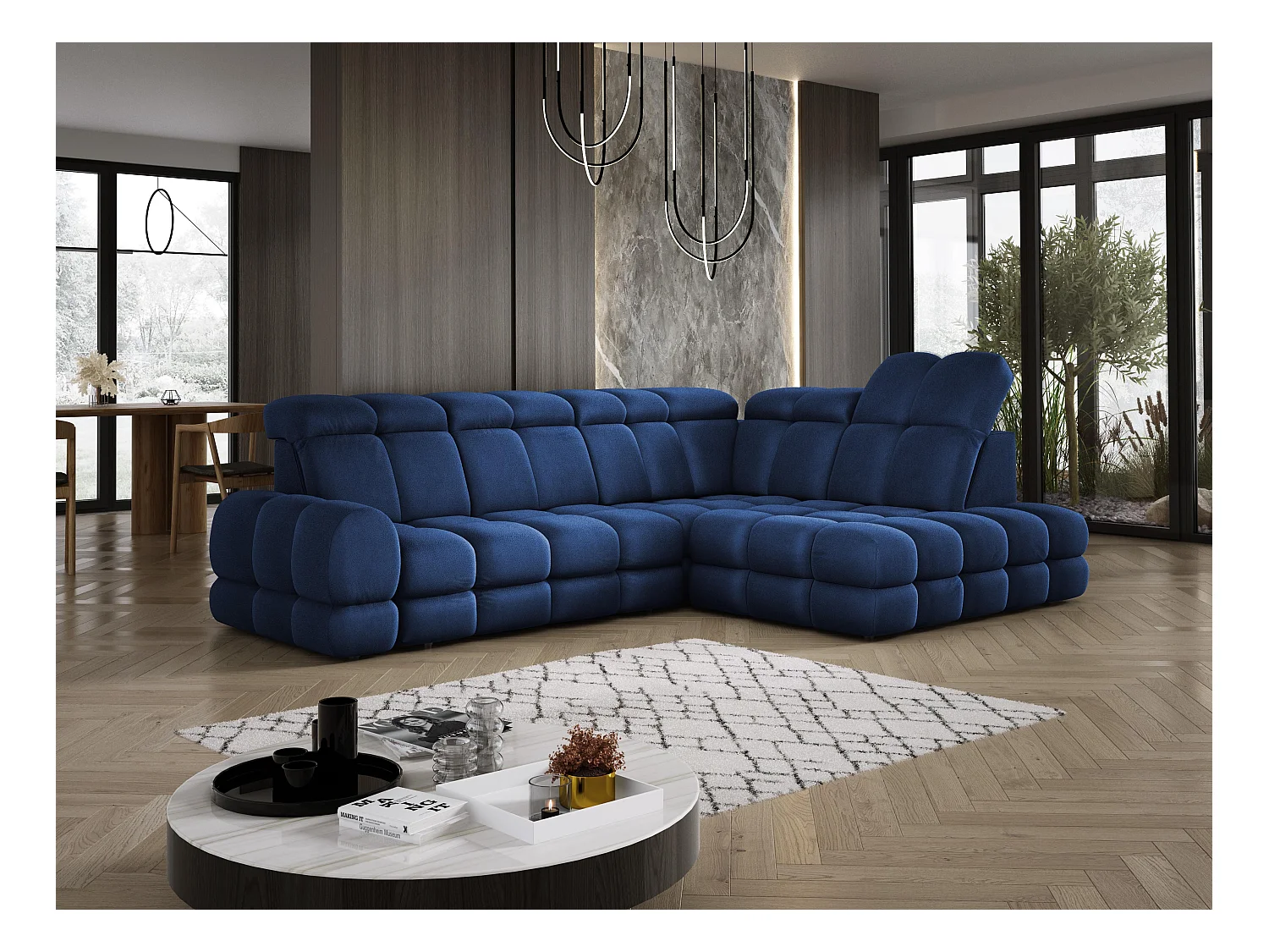 Canapé d'angle Tollo Bleu tissu Solar côté droit 302x217x105 cm, forme L, convertible, coffre 120x85x17 cm, réglage électrique