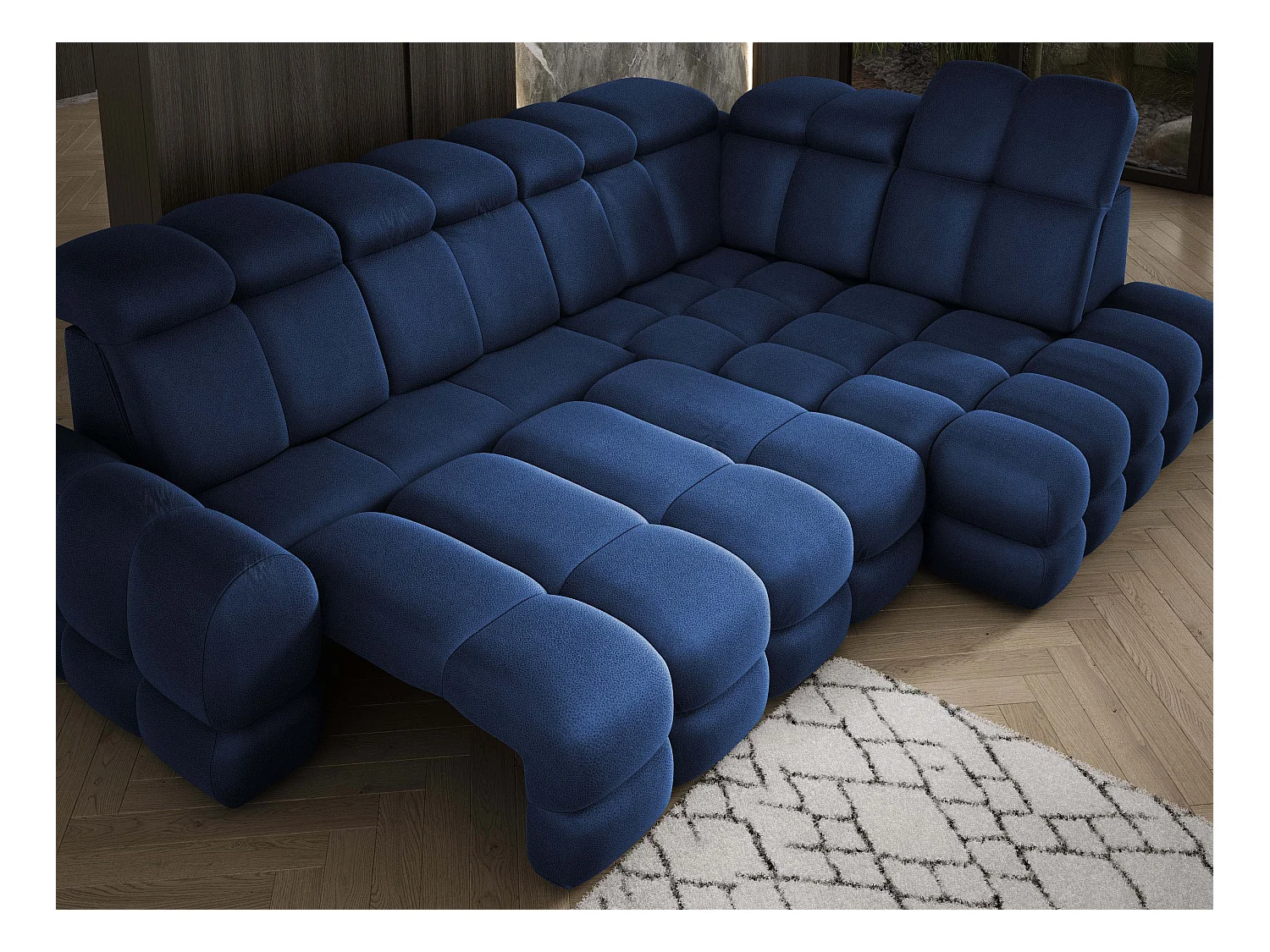 Ecksofa Tollo Blau Solar-Stoff rechts 302x217x105 cm, L-Form, Schlaffunktion, Bettkasten 120x85x17 cm, elektrisch verstellbar
