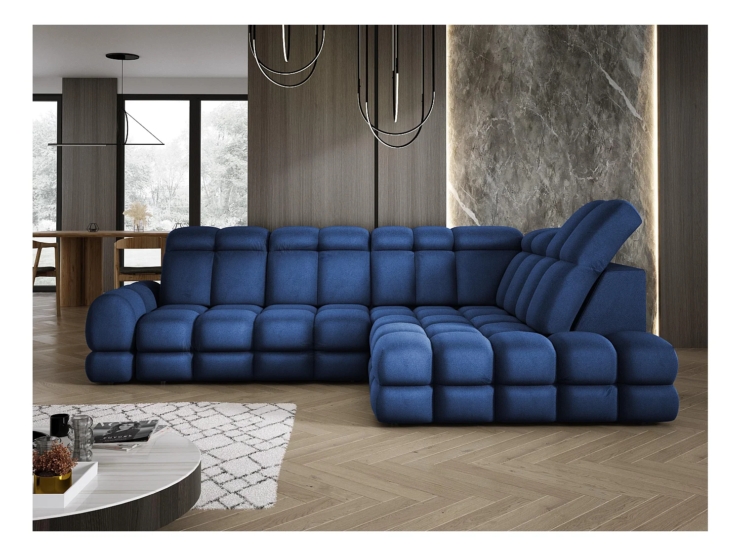 Ecksofa Tollo Blau Solar-Stoff rechts 302x217x105 cm, L-Form, Schlaffunktion, Bettkasten 120x85x17 cm, elektrisch verstellbar