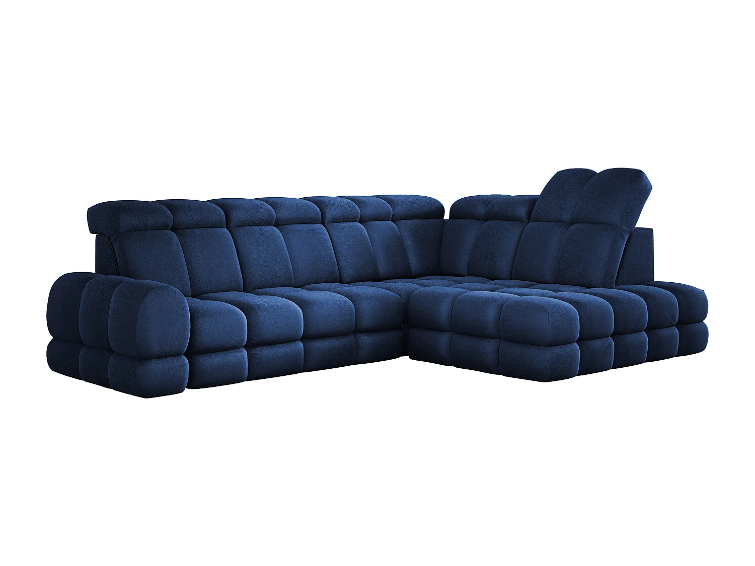 Canapé d'angle Tollo Bleu tissu Solar côté droit 302x217x105 cm, forme L, convertible, coffre 120x85x17 cm, réglage électrique