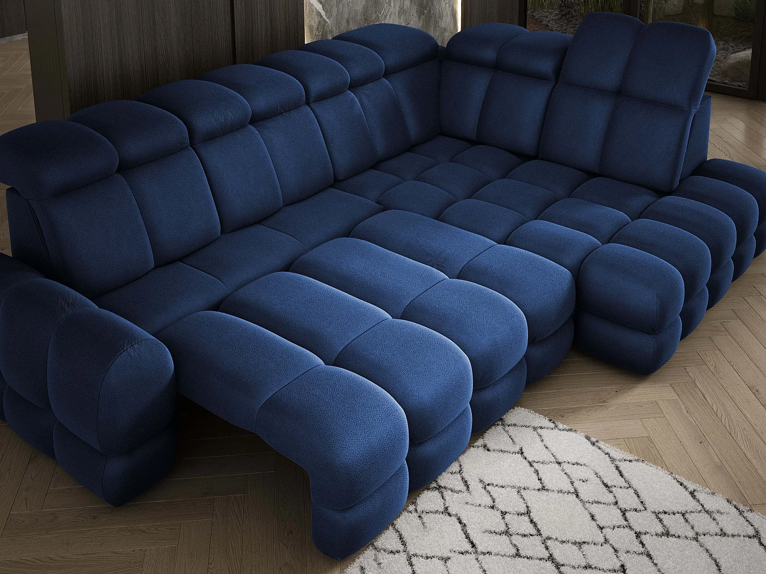 Canapé d'angle Tollo Bleu tissu Solar côté droit 302x217x105 cm, forme L, convertible, coffre 120x85x17 cm, réglage électrique