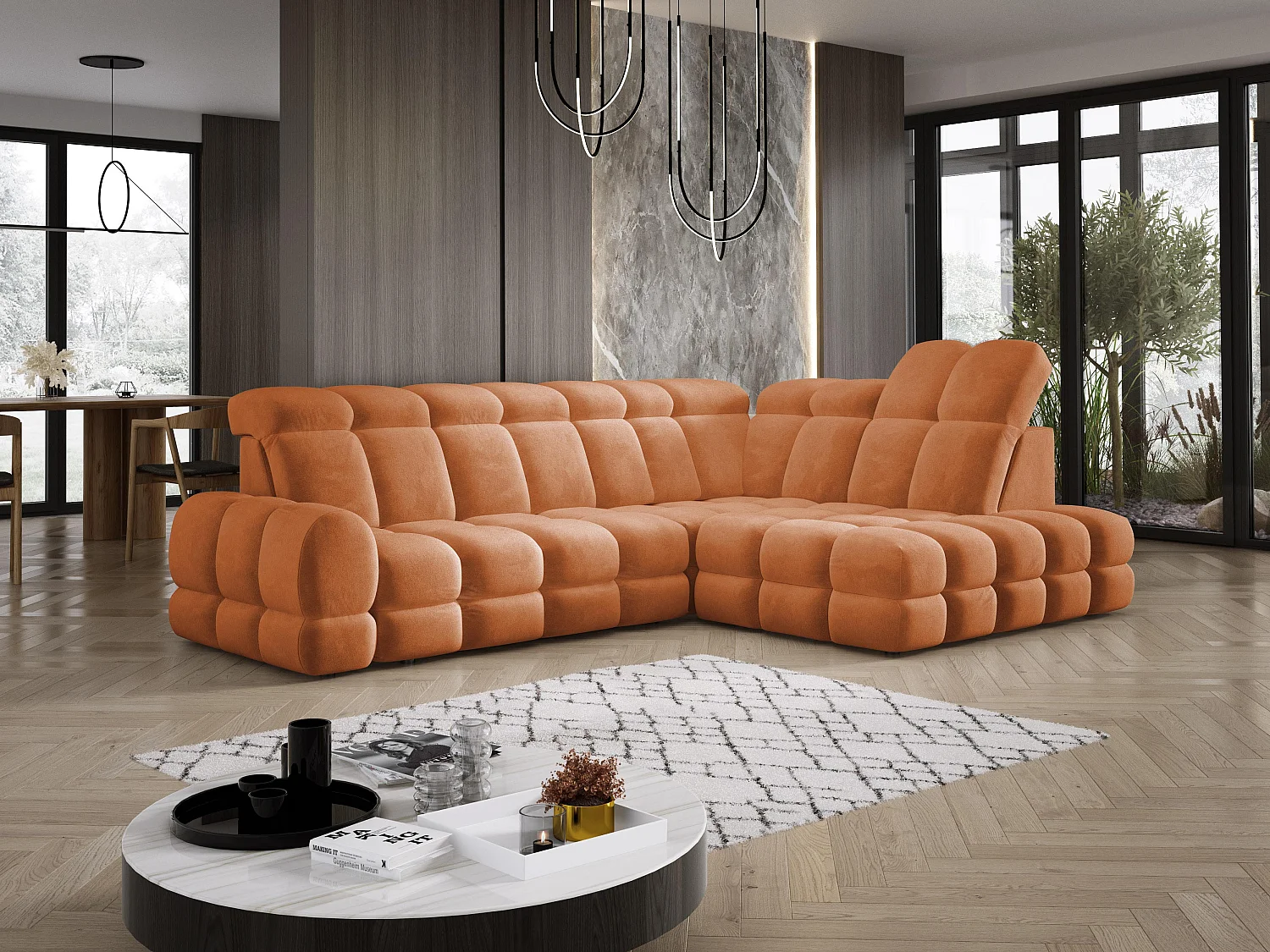 Narożnik Tollo Pomarańcz Salvador-Tkanina Prawa 302x217x105 cm, Sofa L z funkcją spania, pojemnik 120x85x17 cm, elektryczna regulacja