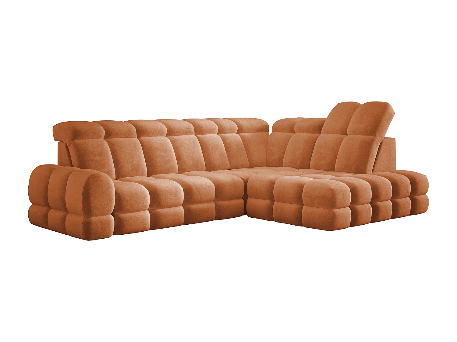 Canapé d'angle Tollo Orange tissu Salvador côté droit 302x217x105 cm, forme L, convertible, coffre 120x85x17 cm, réglage électrique