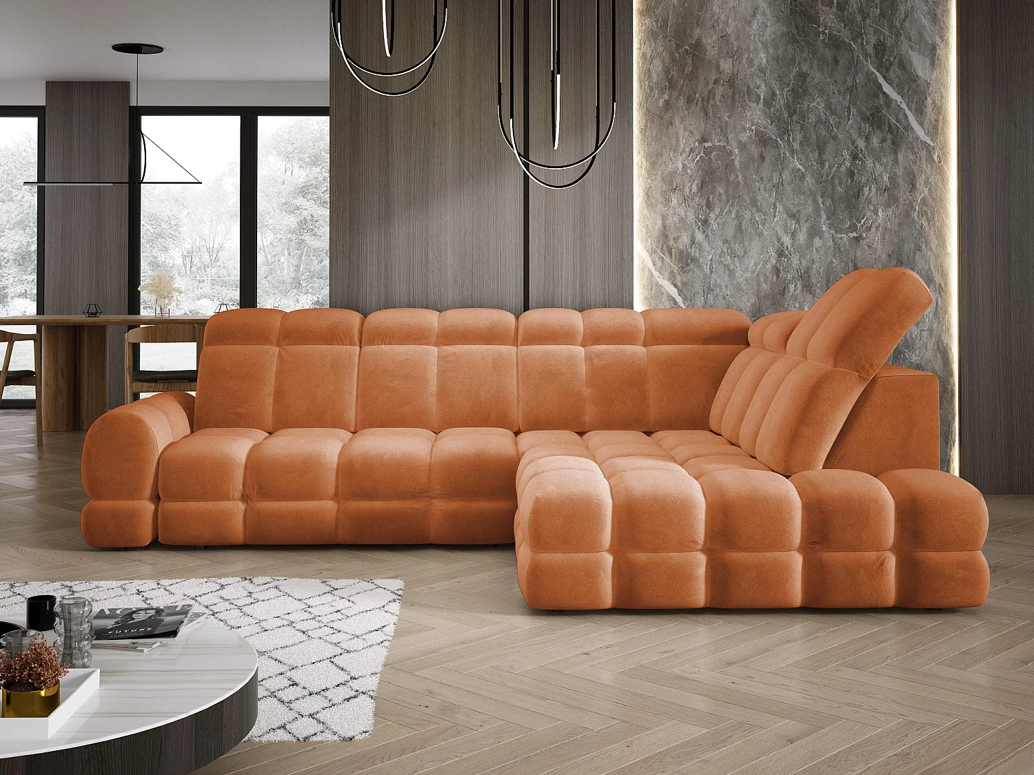 Canapé d'angle Tollo Orange tissu Salvador côté droit 302x217x105 cm, forme L, convertible, coffre 120x85x17 cm, réglage électrique