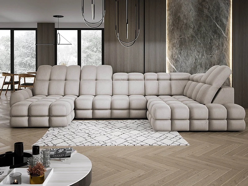 Ecksofa Tollo Cappuccino Solar-Stoff Rechts 400x217x105 cm, U-Form, Schlaffunktion, Bettkasten 120x85x17 cm, elektrisch verstellbar