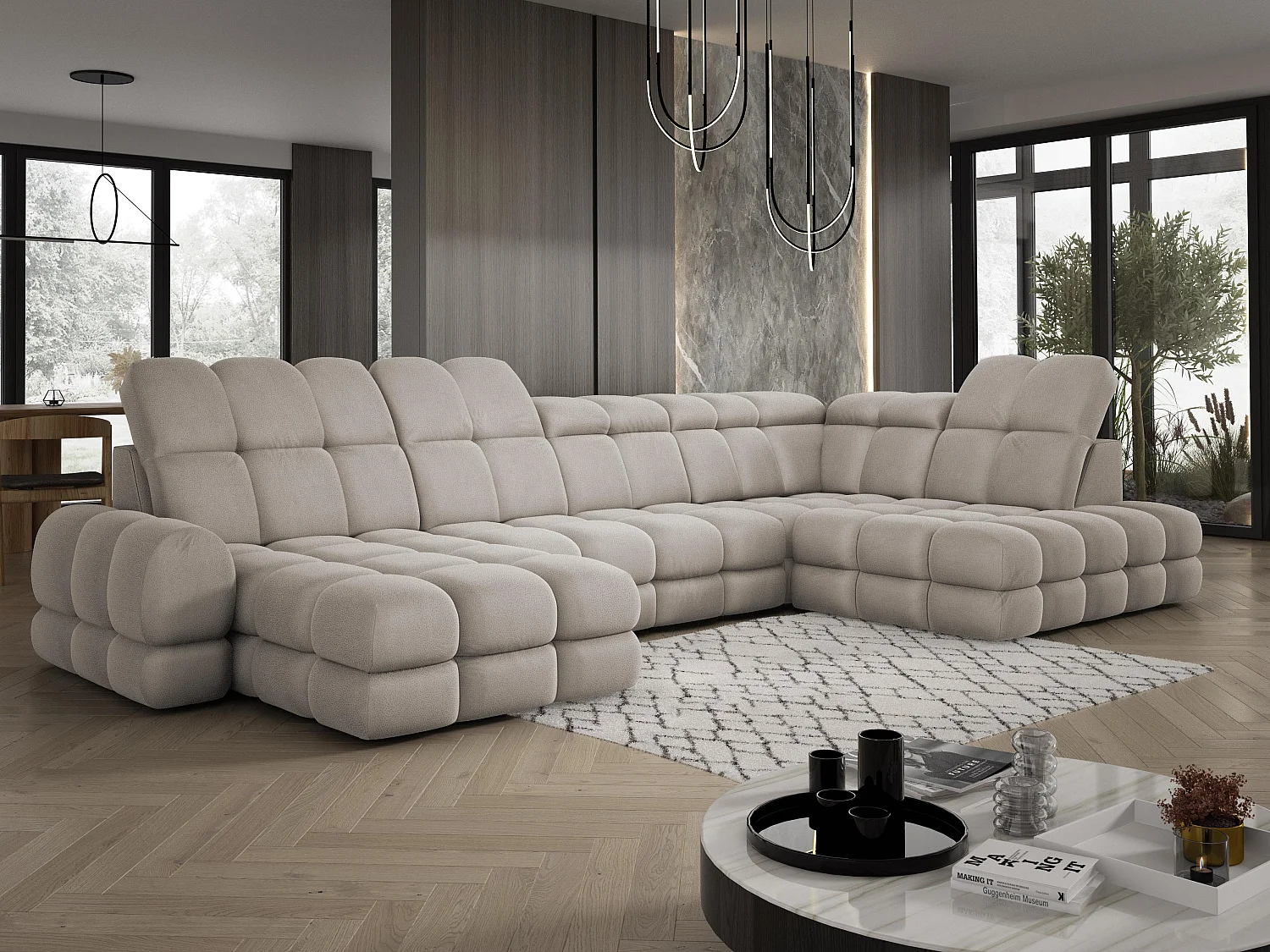 Narożnik Tollo w układzie U Prawostronny 400x217x105 cm, funkcja spania regulowany elektrycznie kolor Cappucino Tkanina - SOLAR