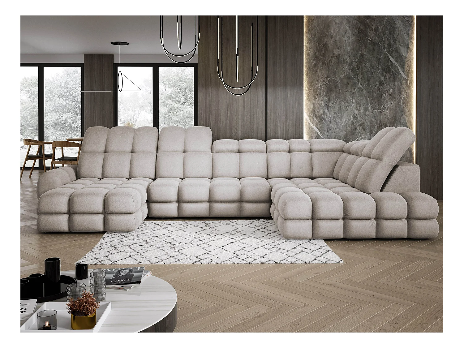 Ecksofa Tollo Cappuccino Solar-Stoff Rechts 400x217x105 cm, U-Form, Schlaffunktion, Bettkasten 120x85x17 cm, elektrisch verstellbar
