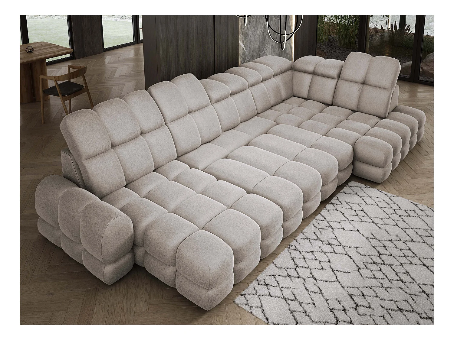 Ecksofa Tollo Cappuccino Solar-Stoff Rechts 400x217x105 cm, U-Form, Schlaffunktion, Bettkasten 120x85x17 cm, elektrisch verstellbar