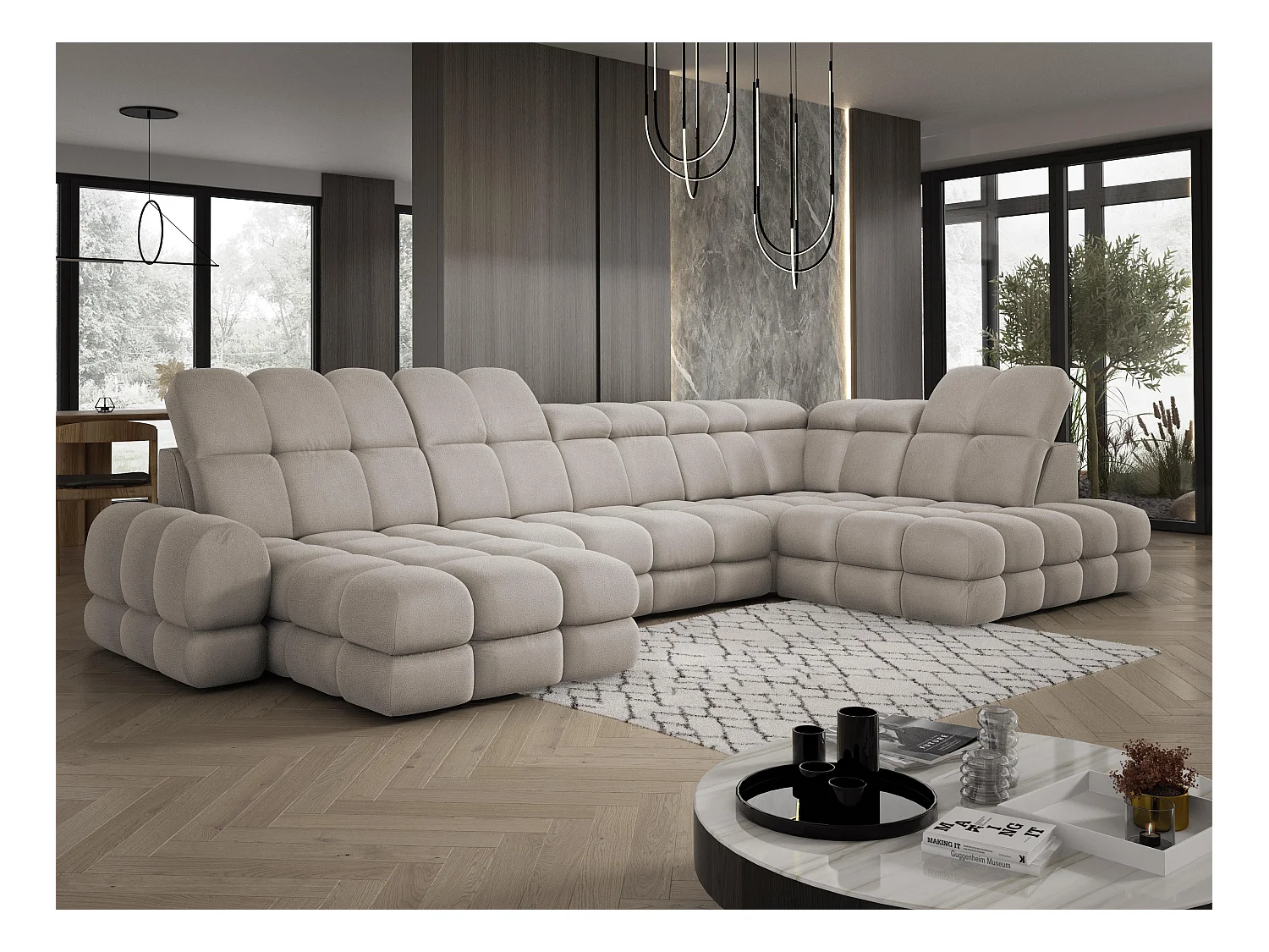 Ecksofa Tollo Cappuccino Solar-Stoff Rechts 400x217x105 cm, U-Form, Schlaffunktion, Bettkasten 120x85x17 cm, elektrisch verstellbar