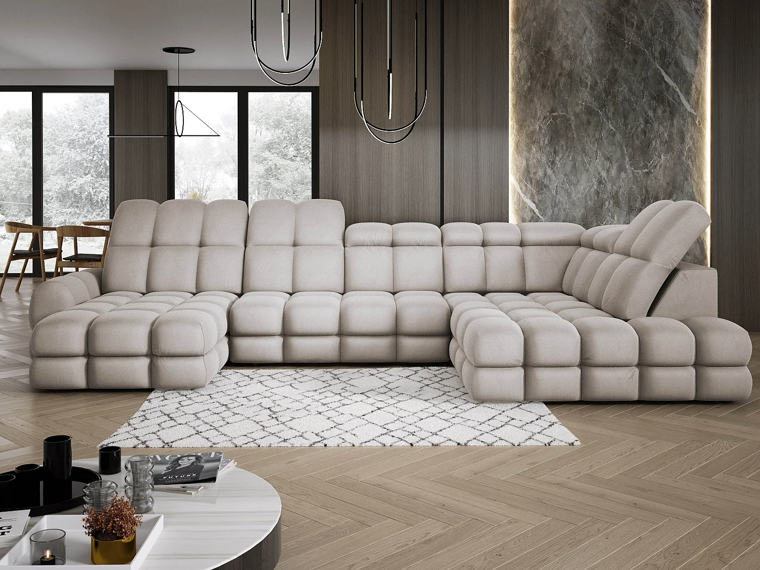 Canapé d’angle Tollo Cappuccino tissu Solar côté droit 400x217x105 cm, U-Form avec couchage, coffre 120x85x17 cm, réglable électriquement