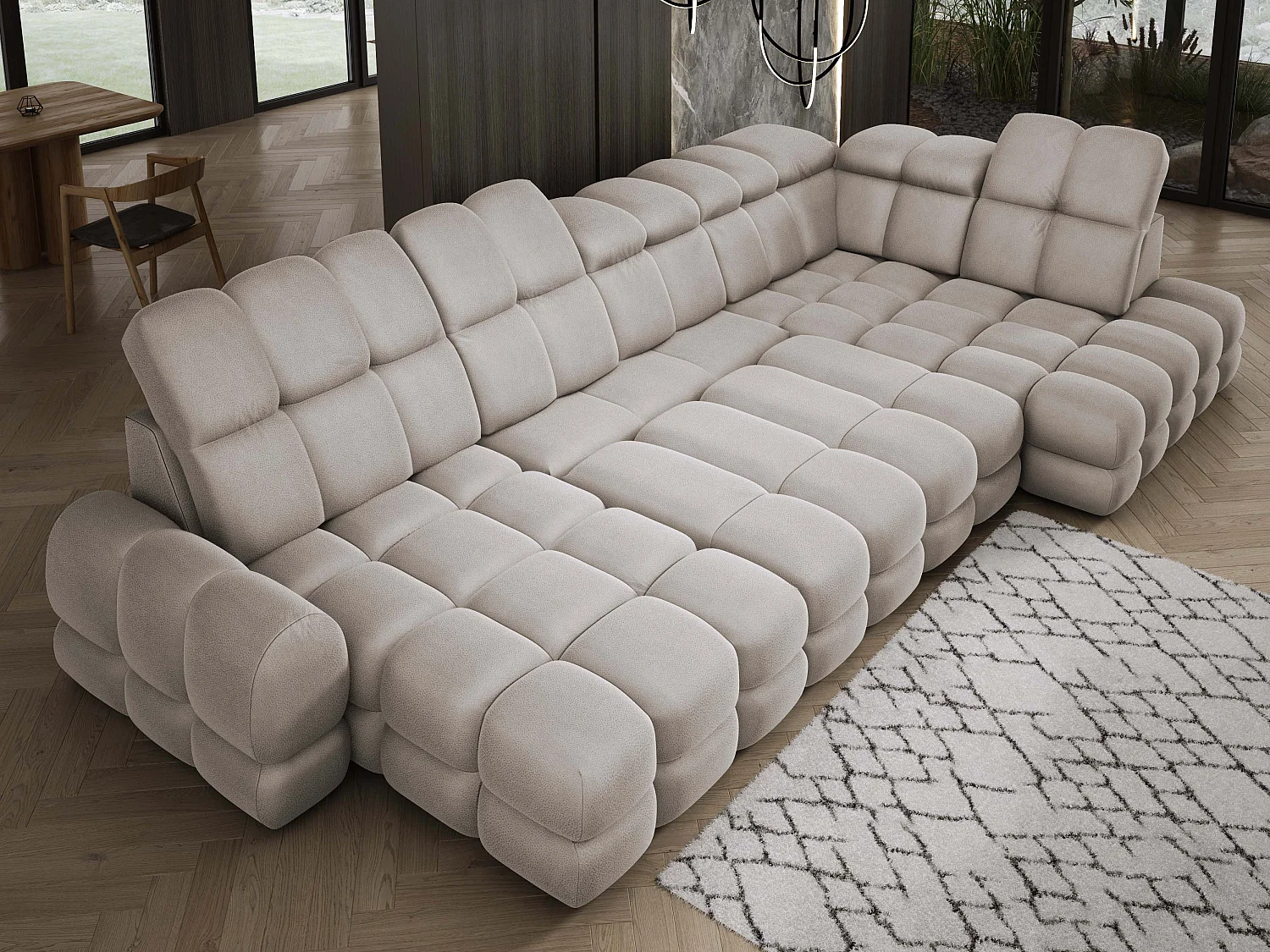 Canapé d’angle Tollo Cappuccino tissu Solar côté droit 400x217x105 cm, U-Form avec couchage, coffre 120x85x17 cm, réglable électriquement