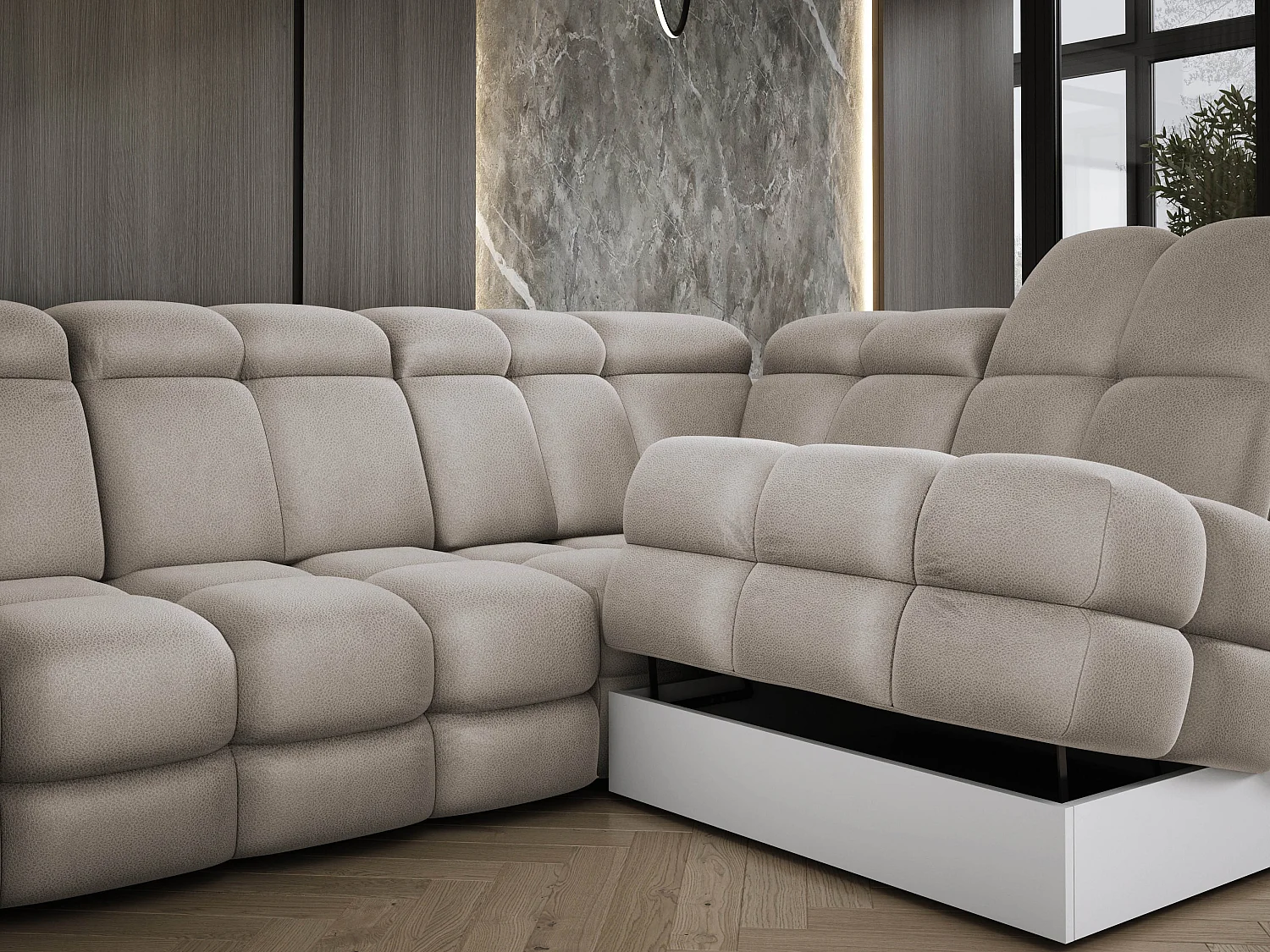 Canapé d’angle Tollo Cappuccino tissu Solar côté droit 400x217x105 cm, U-Form avec couchage, coffre 120x85x17 cm, réglable électriquement