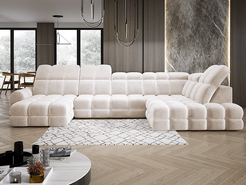 Canapé d’angle Tollo Crème tissu Salvador côté droit 400x217x105 cm, U-Form avec couchage, coffre 120x85x17 cm, réglable électriquement