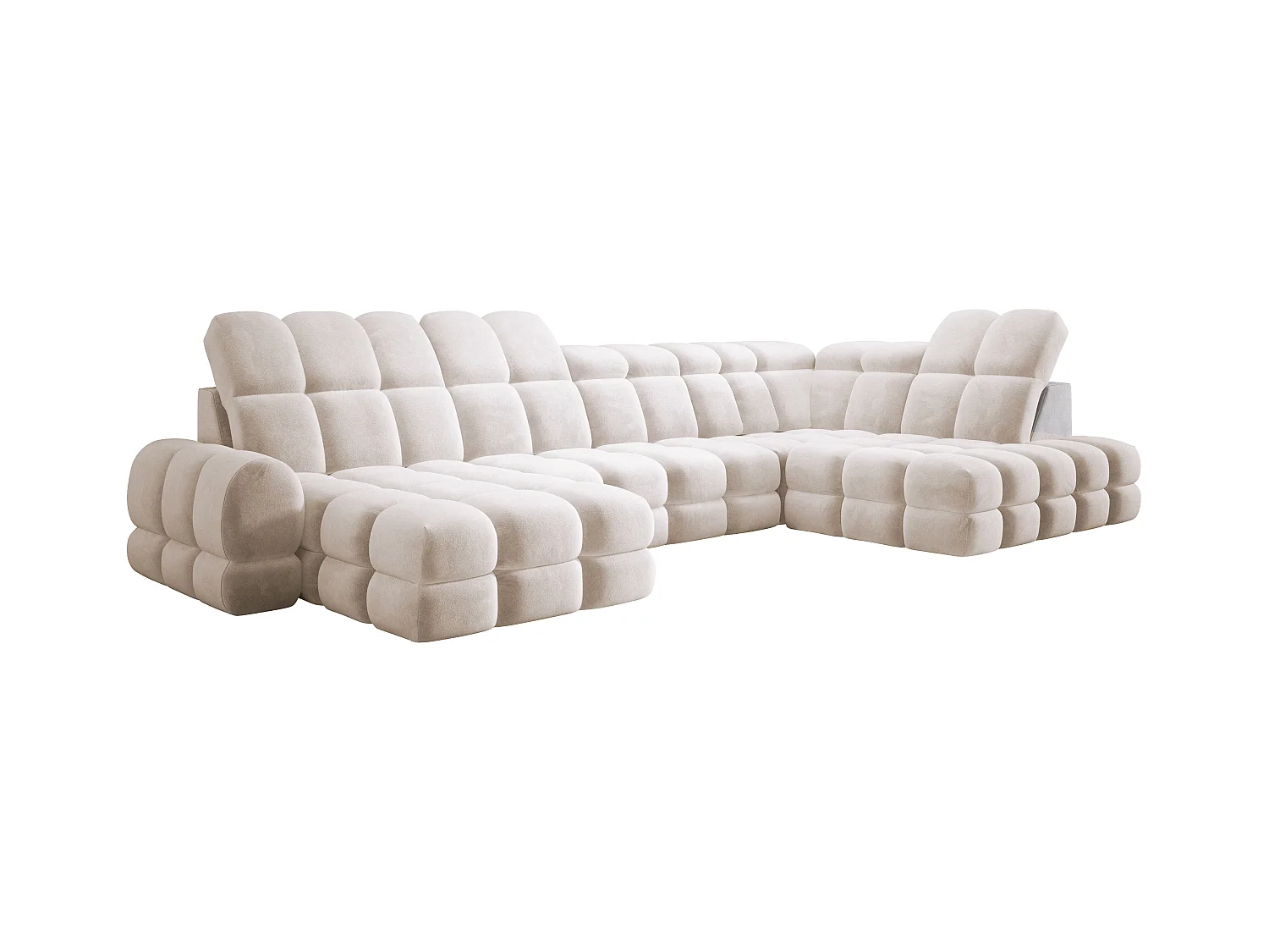 Canapé d’angle Tollo Crème tissu Salvador côté droit 400x217x105 cm, U-Form avec couchage, coffre 120x85x17 cm, réglable électriquement