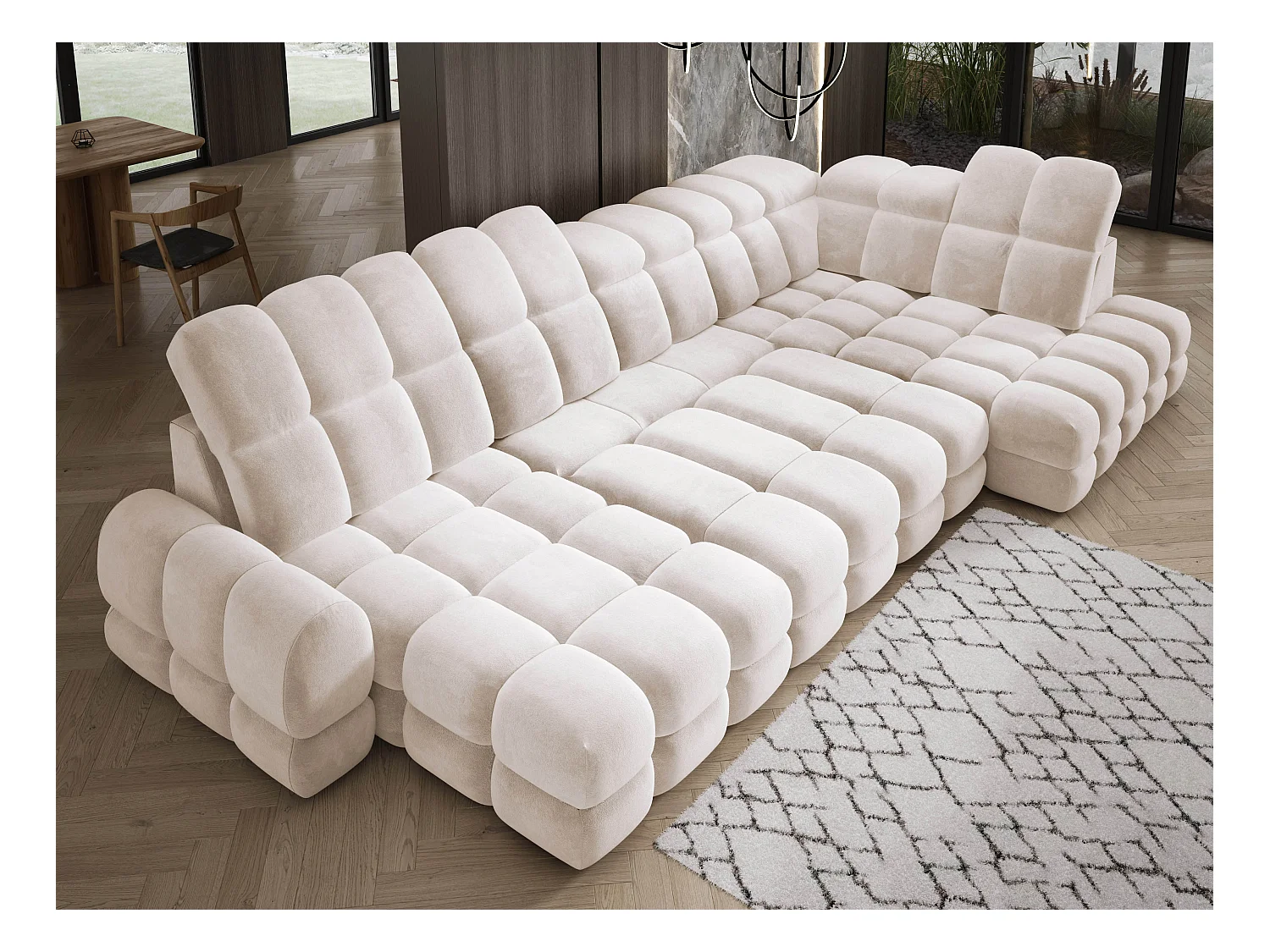 Canapé d’angle Tollo Crème tissu Salvador côté droit 400x217x105 cm, U-Form avec couchage, coffre 120x85x17 cm, réglable électriquement
