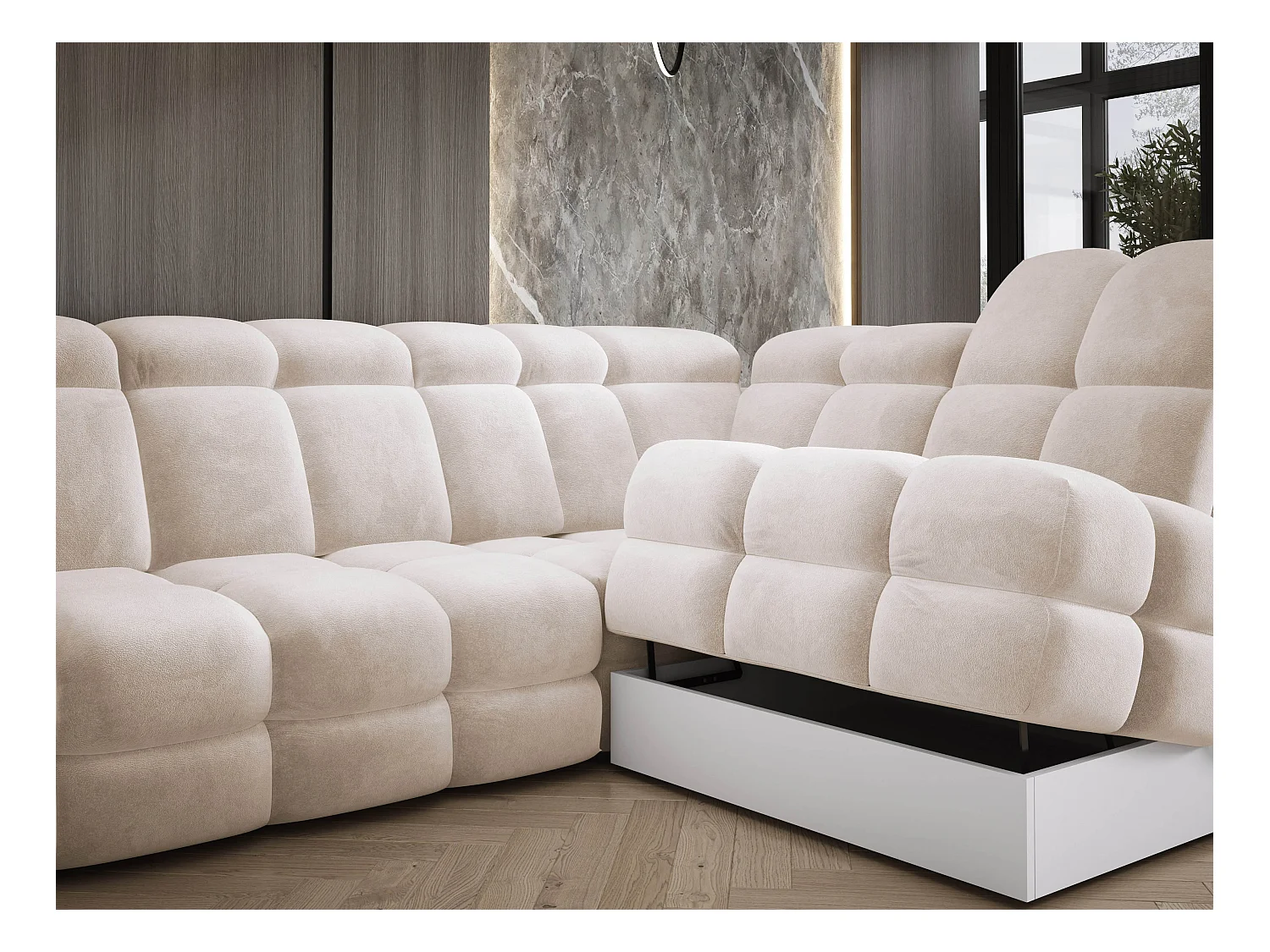 Canapé d’angle Tollo Crème tissu Salvador côté droit 400x217x105 cm, U-Form avec couchage, coffre 120x85x17 cm, réglable électriquement