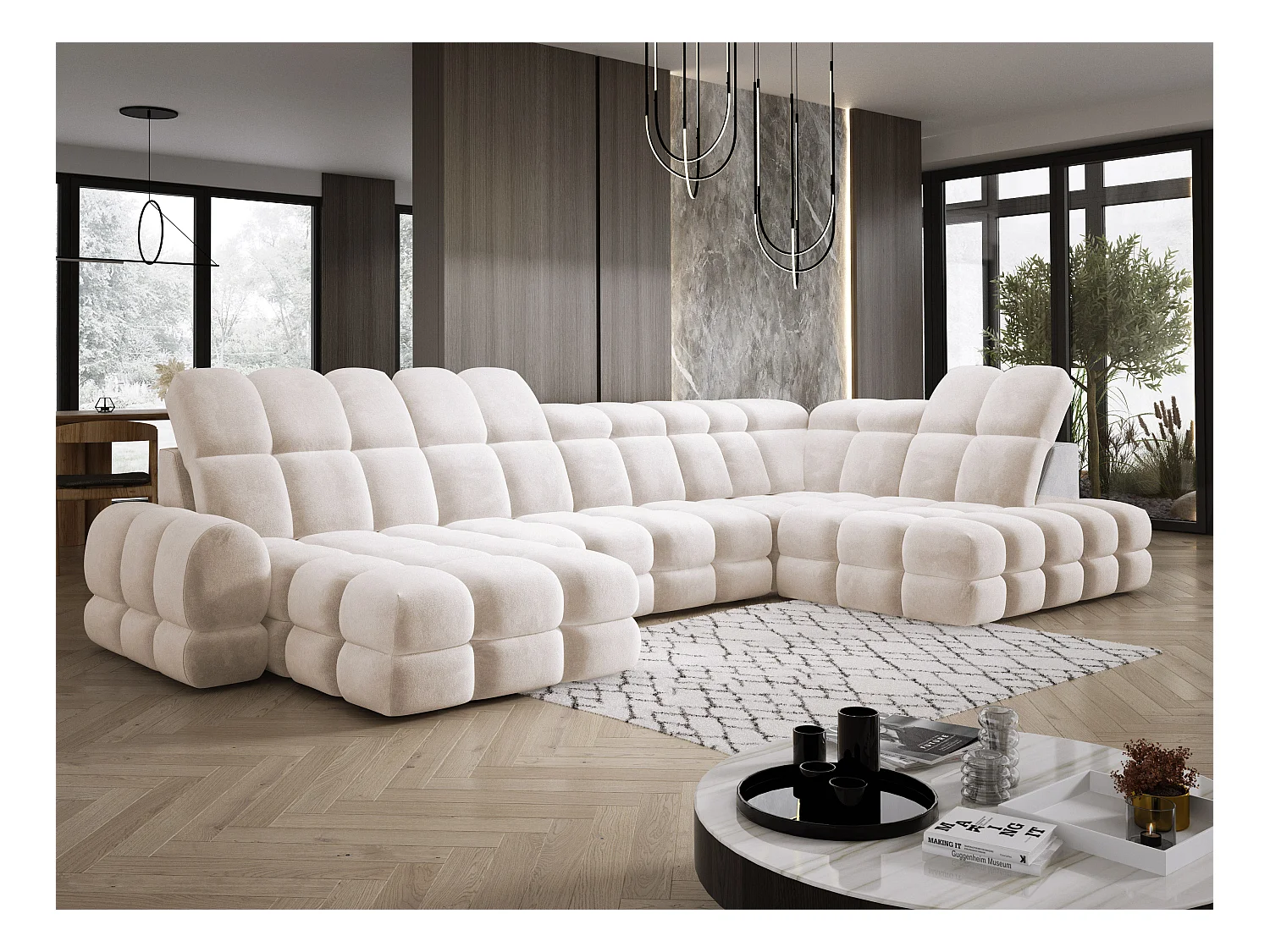Canapé d’angle Tollo Crème tissu Salvador côté droit 400x217x105 cm, U-Form avec couchage, coffre 120x85x17 cm, réglable électriquement