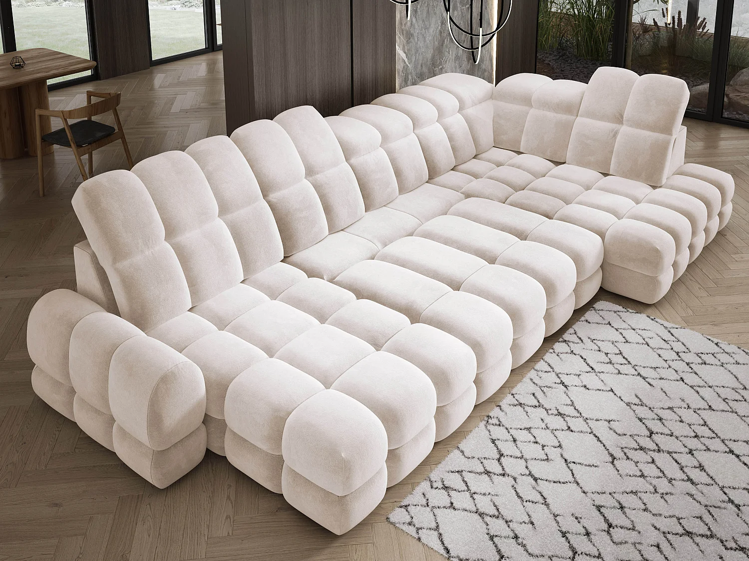 Canapé d’angle Tollo Crème tissu Salvador côté droit 400x217x105 cm, U-Form avec couchage, coffre 120x85x17 cm, réglable électriquement
