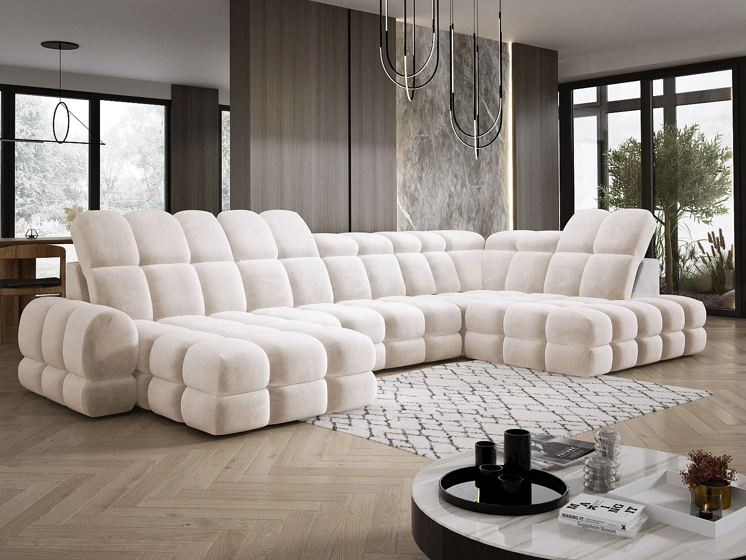 Canapé d’angle Tollo Crème tissu Salvador côté droit 400x217x105 cm, U-Form avec couchage, coffre 120x85x17 cm, réglable électriquement