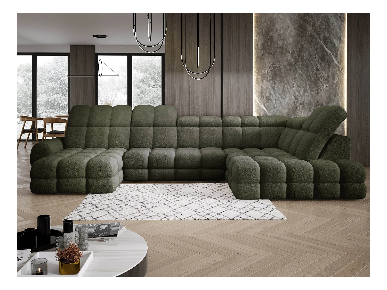 Narożnik Tollo zielony, tkanina Anthology, prawa strona, 400x217x105 cm, sofa U-form z funkcją spania, pojemnik 120x85x17 cm, elektryczna regulacja