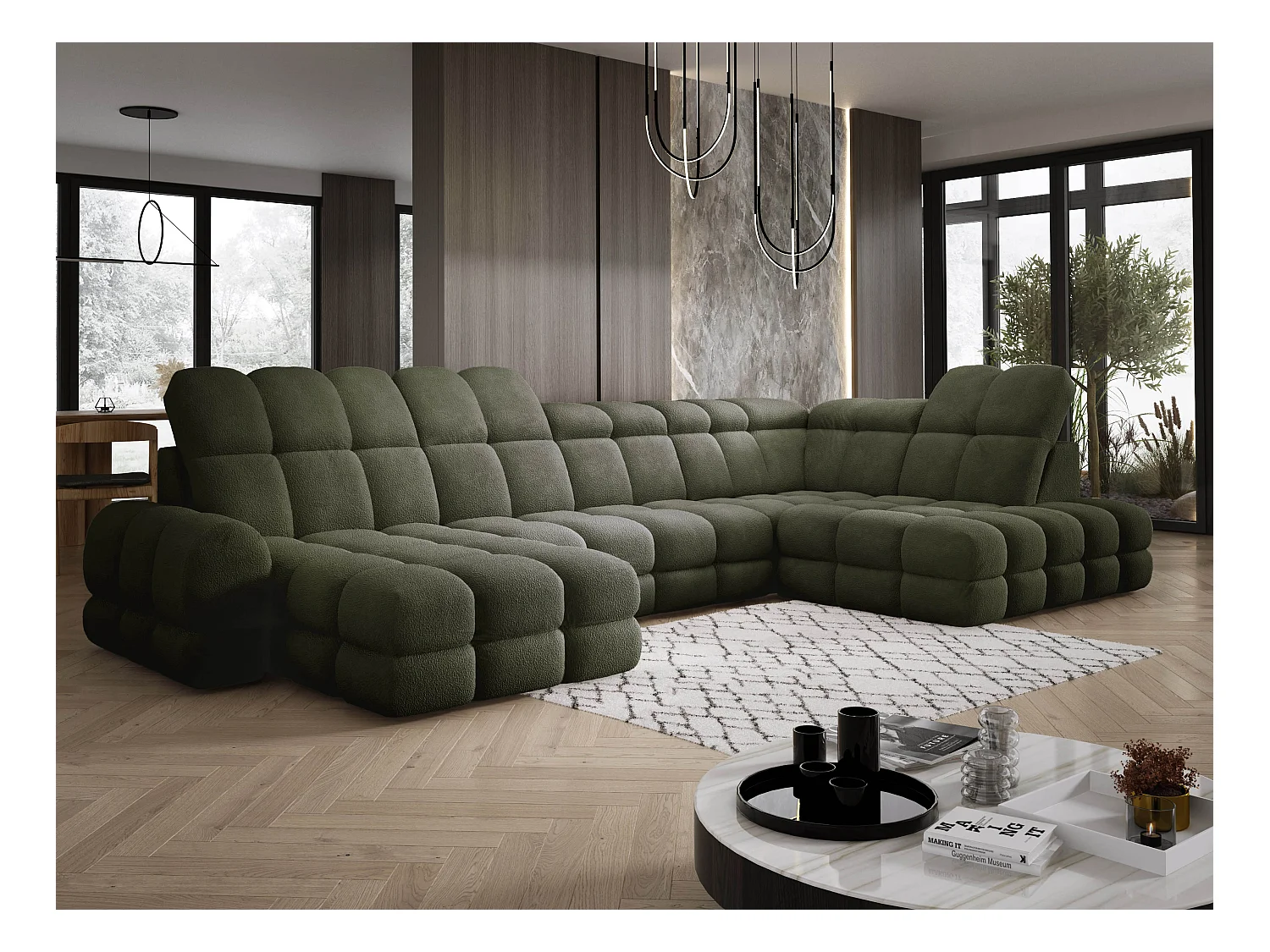 Narożnik Tollo zielony, tkanina Anthology, prawa strona, 400x217x105 cm, sofa U-form z funkcją spania, pojemnik 120x85x17 cm, elektryczna regulacja