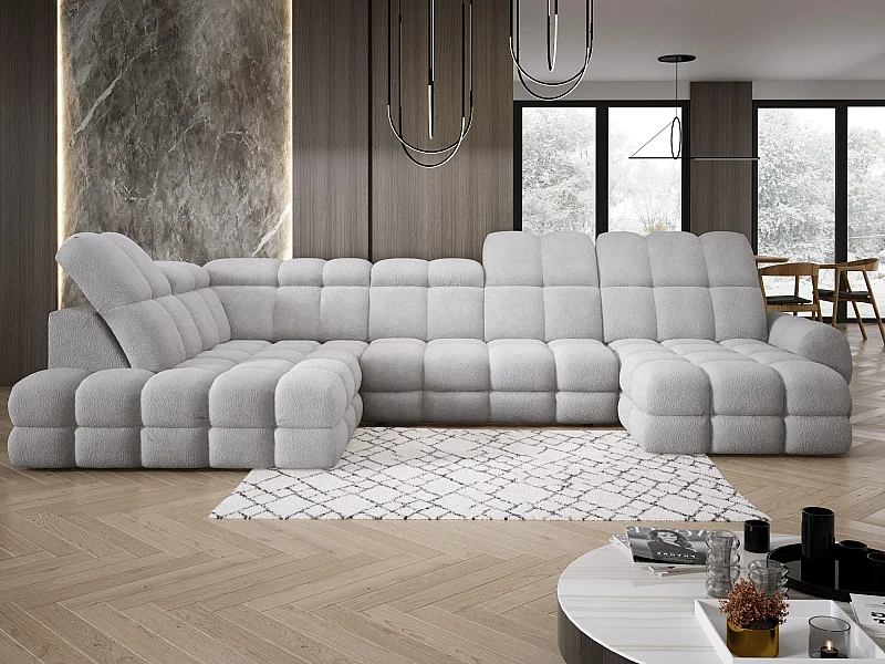 Ecksofa Tollo Grau Anthology-Stoff Links 400x217x105 cm, U-Form, Schlaffunktion, Bettkasten 120x85x17 cm, elektrisch verstellbar