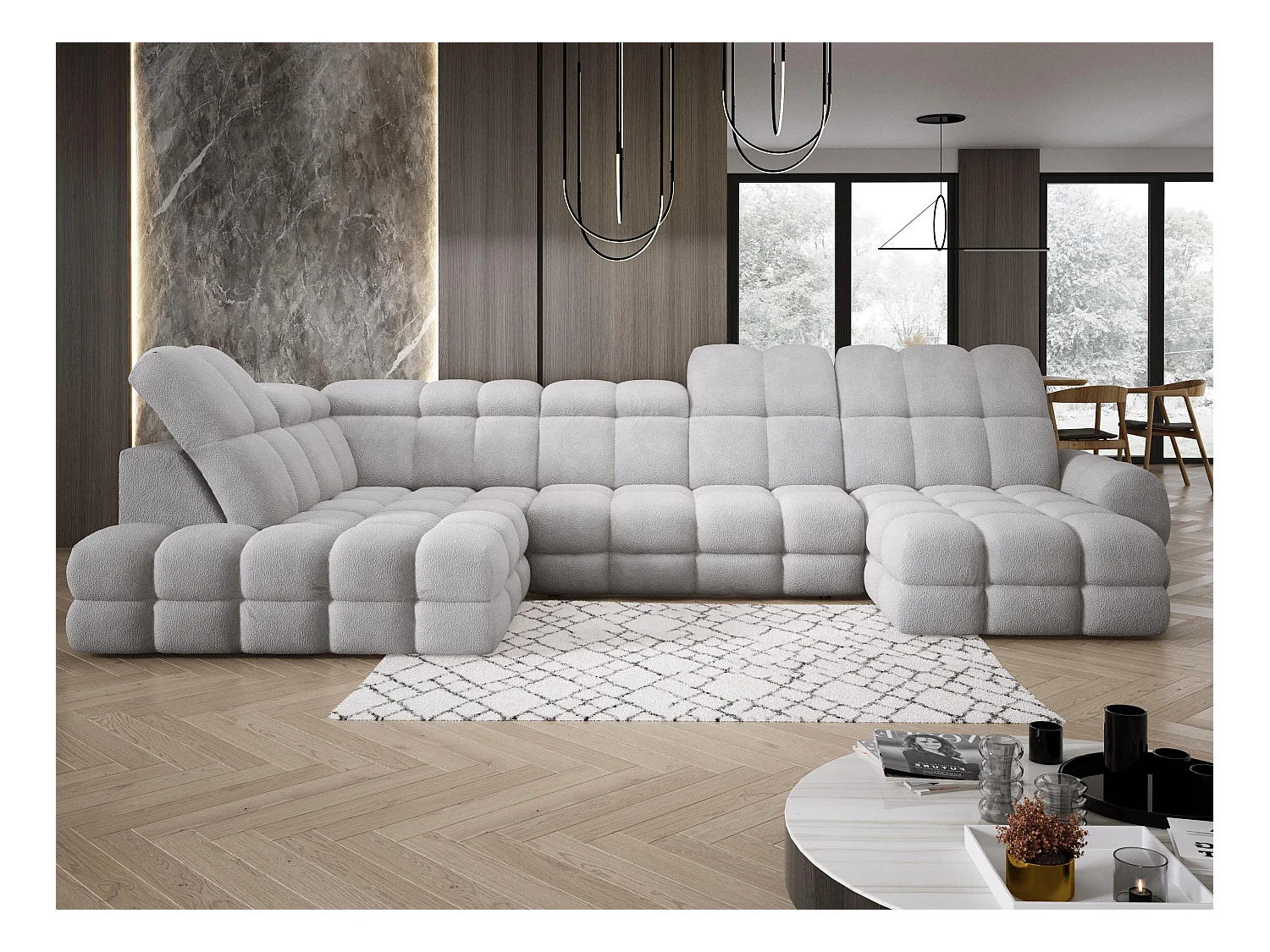 Narożnik Tollo szary, tkanina Anthology, lewa strona, 400x217x105 cm, sofa U-form z funkcją spania, pojemnik 120x85x17 cm, elektryczna regulacja