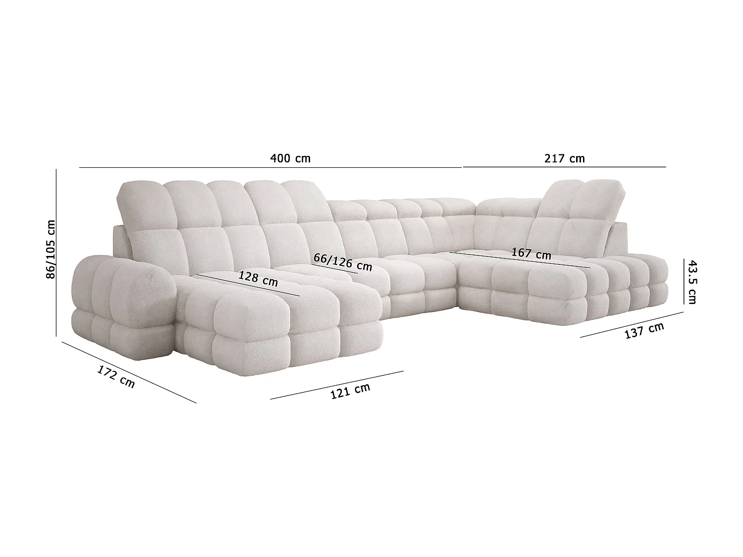 Canapé d’Angle Tollo Gris Tissu Anthology Côté Gauche 400x217x105 cm, Forme U, Convertible, Coffre 120x85x17 cm, Réglable Électrique