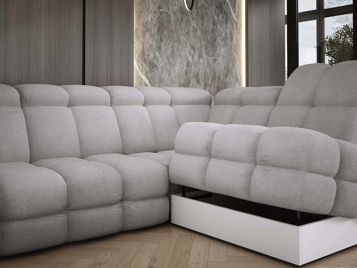 Canapé d’Angle Tollo Gris Tissu Anthology Côté Gauche 400x217x105 cm, Forme U, Convertible, Coffre 120x85x17 cm, Réglable Électrique