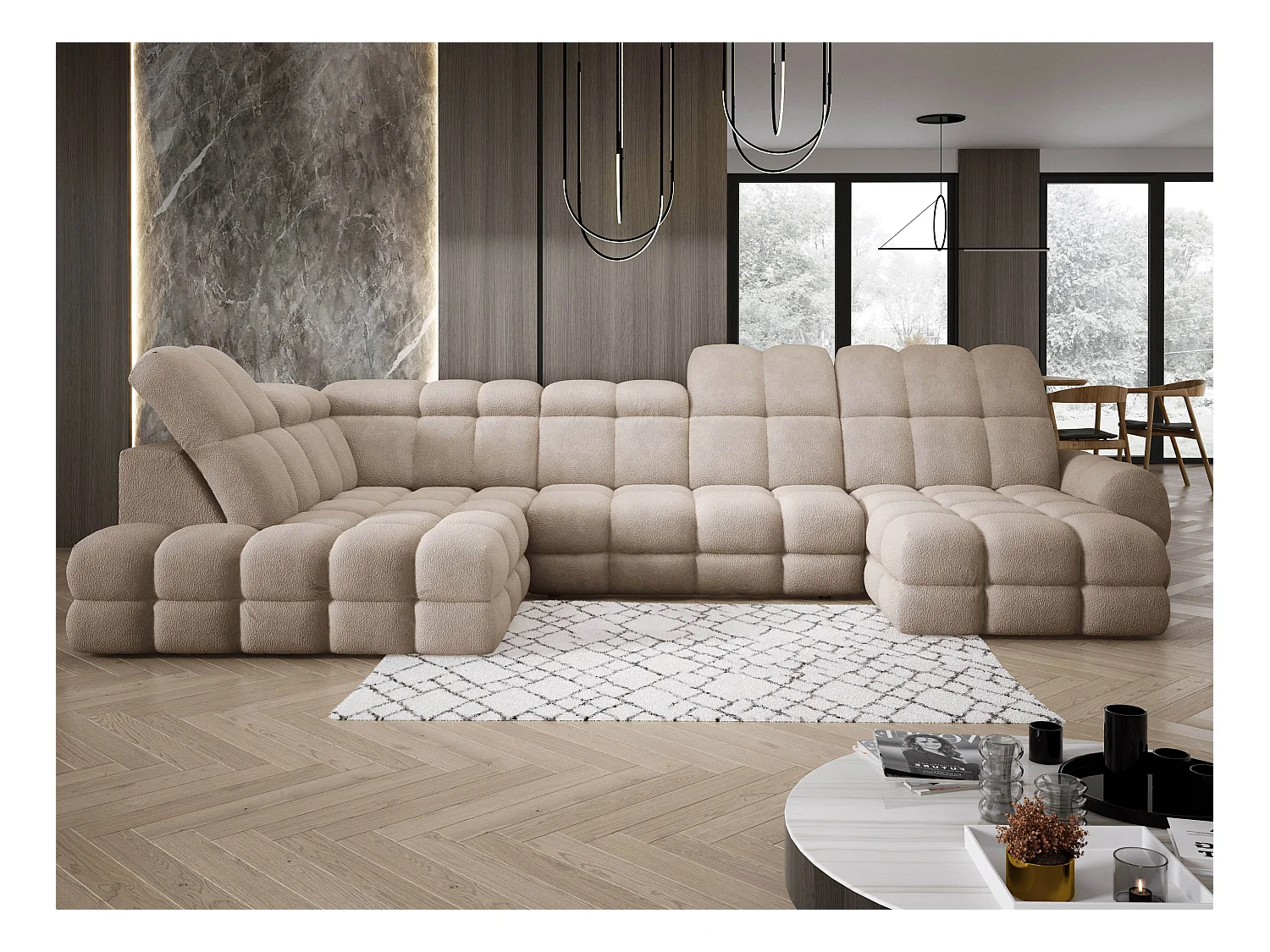 Narożnik Tollo beżowy, tkanina Anthology, lewa strona, 400x217x105 cm, sofa U-form z funkcją spania, pojemnik 120x85x17 cm, elektryczna regulacja