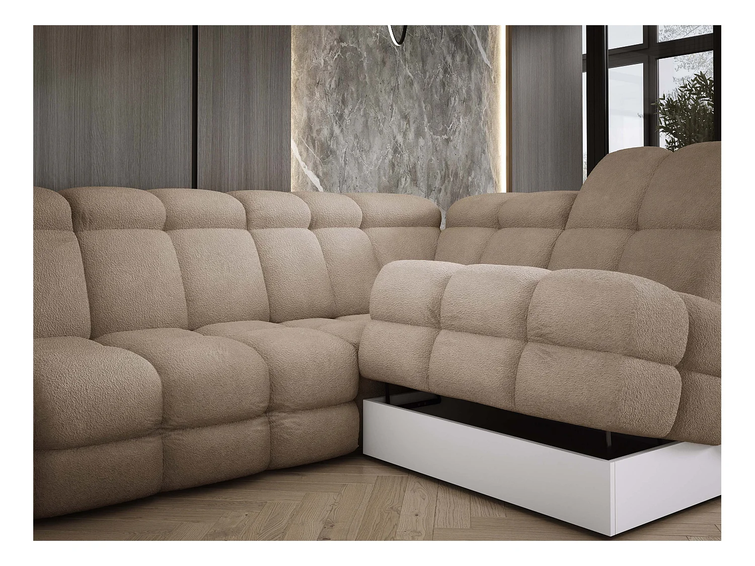 Narożnik Tollo beżowy, tkanina Anthology, lewa strona, 400x217x105 cm, sofa U-form z funkcją spania, pojemnik 120x85x17 cm, elektryczna regulacja