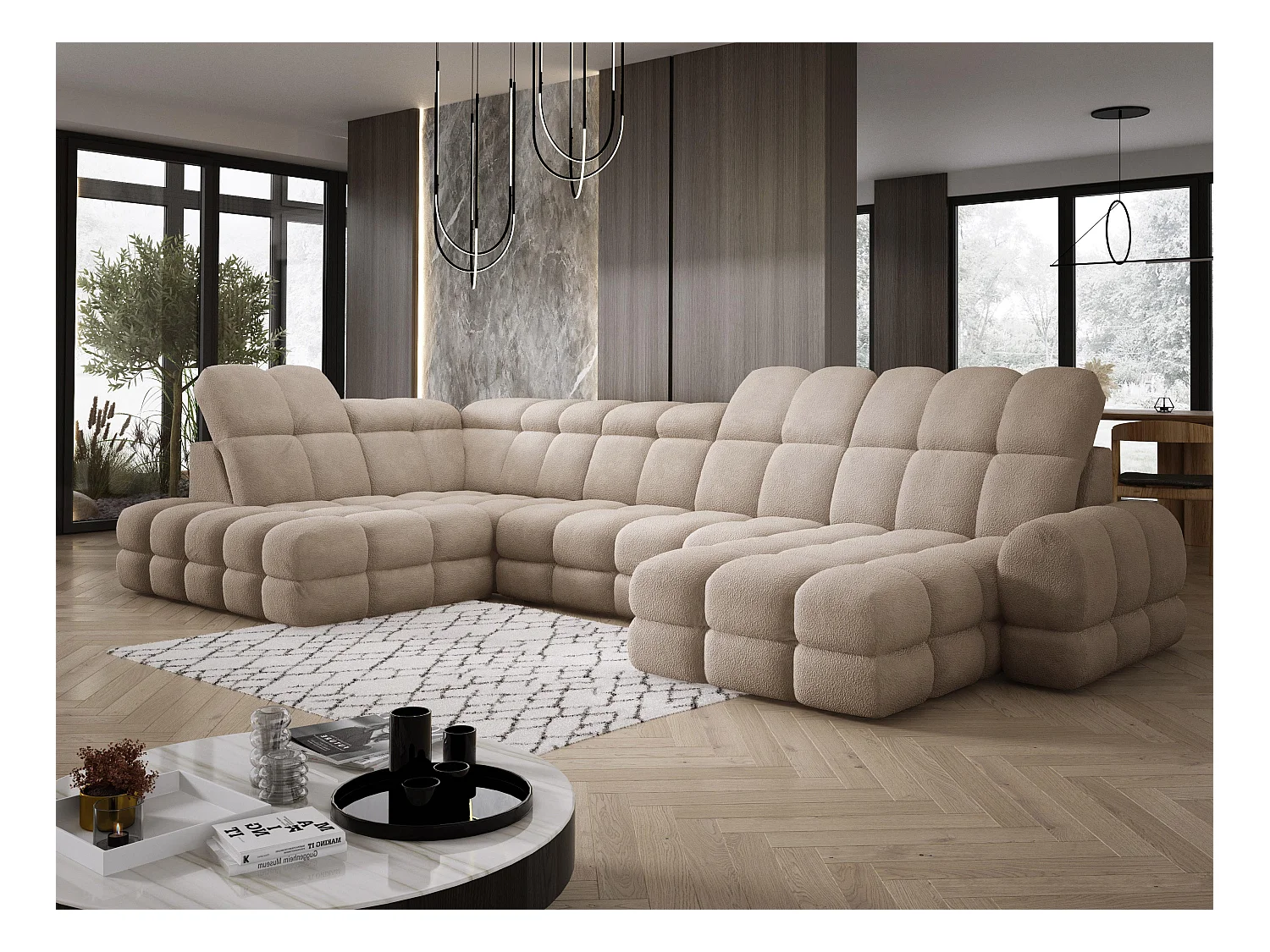 Narożnik Tollo beżowy, tkanina Anthology, lewa strona, 400x217x105 cm, sofa U-form z funkcją spania, pojemnik 120x85x17 cm, elektryczna regulacja