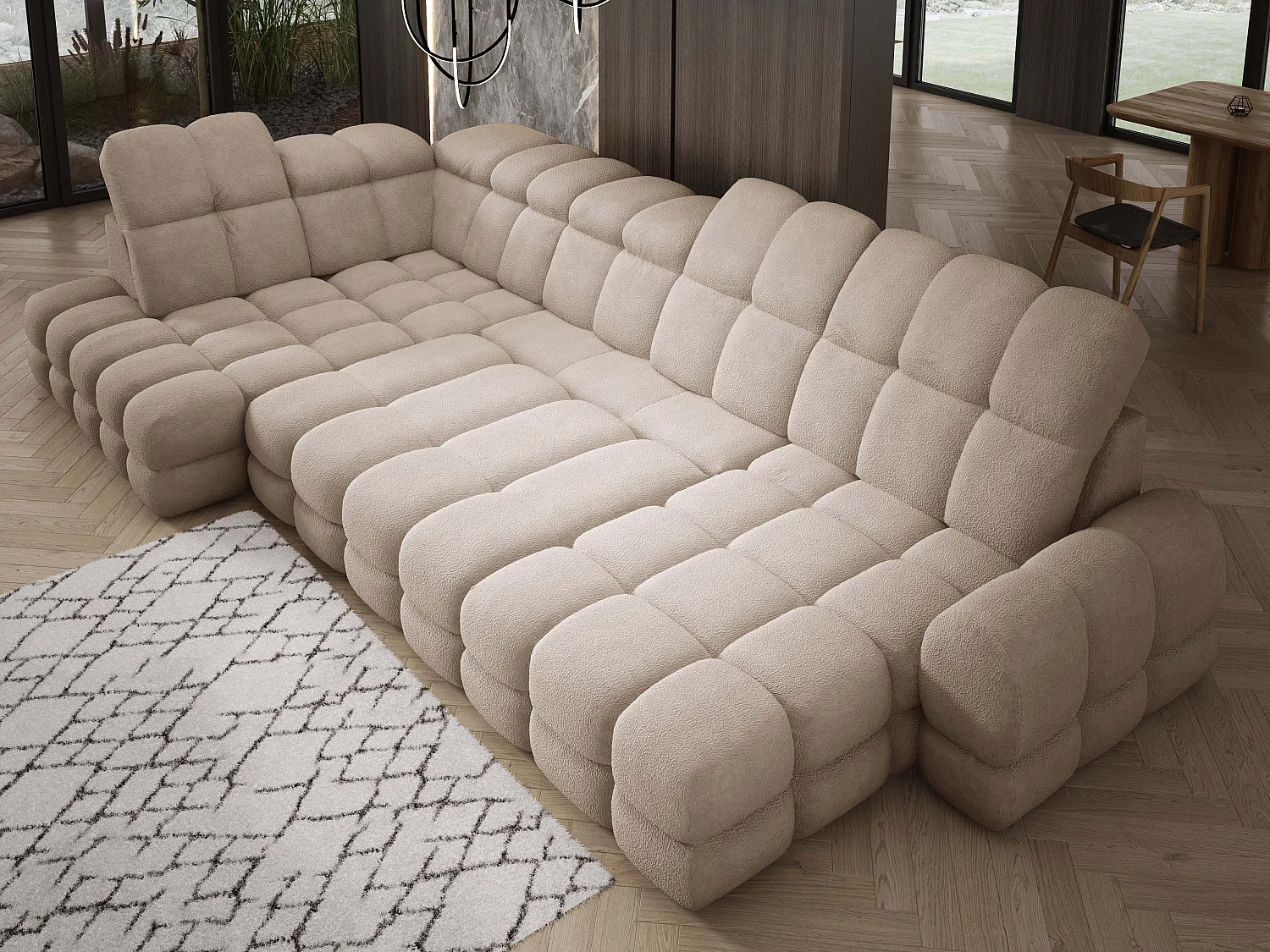 Canapé d’Angle Tollo Beige Tissu Anthology Côté Gauche 400x217x105 cm, Forme U, Convertible, Coffre 120x85x17 cm, Réglable Électrique