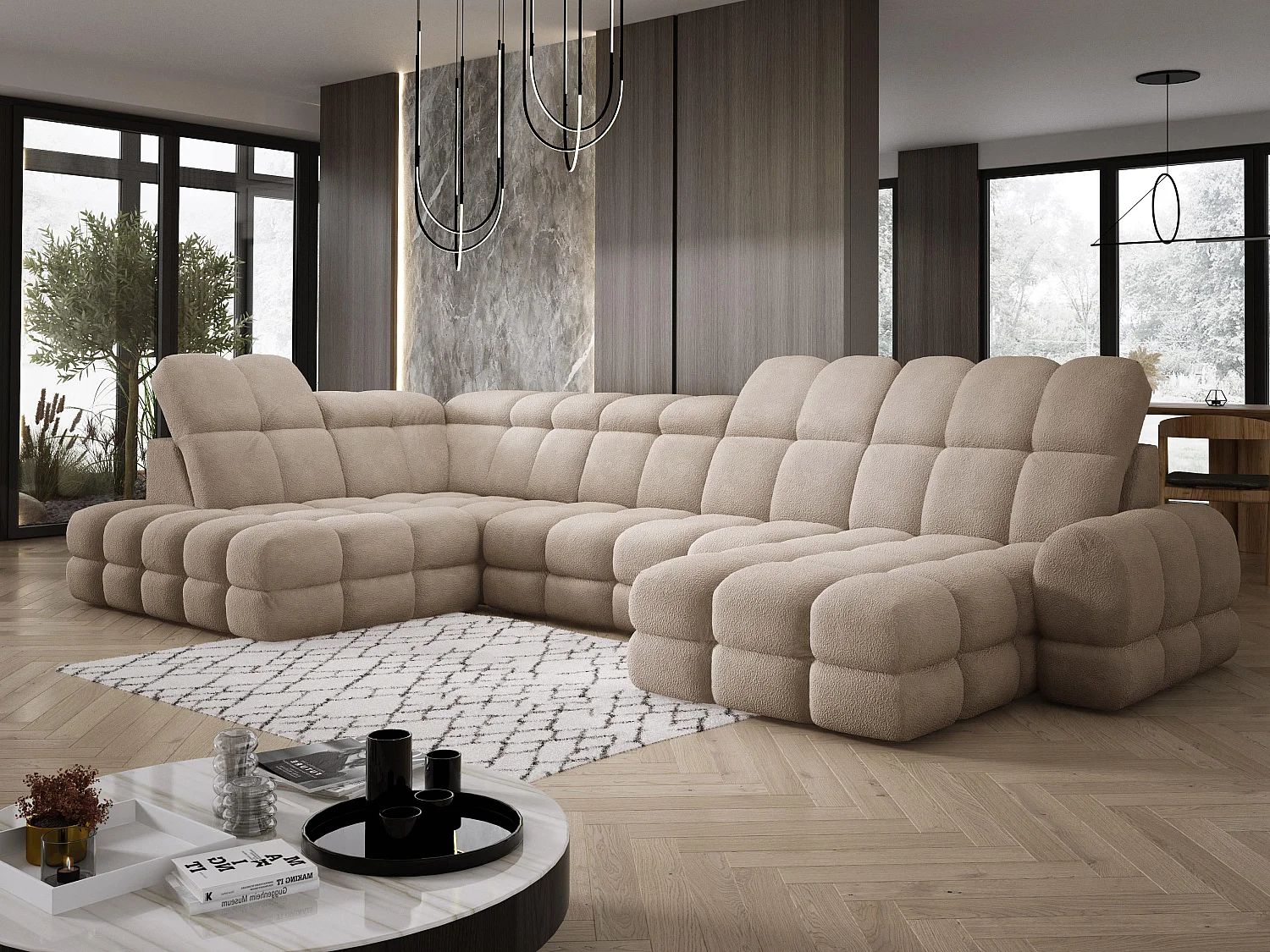 Canapé d’Angle Tollo Beige Tissu Anthology Côté Gauche 400x217x105 cm, Forme U, Convertible, Coffre 120x85x17 cm, Réglable Électrique