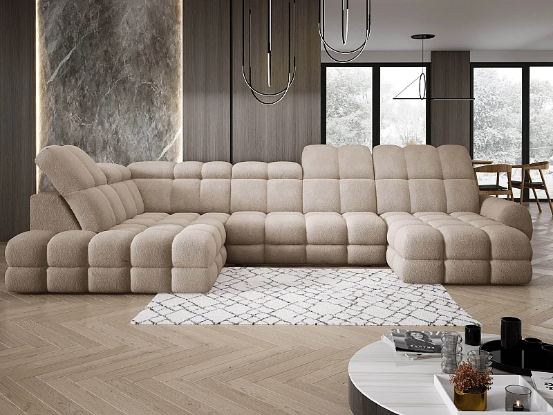 Canapé d’Angle Tollo Beige Tissu Anthology Côté Gauche 400x217x105 cm, Forme U, Convertible, Coffre 120x85x17 cm, Réglable Électrique